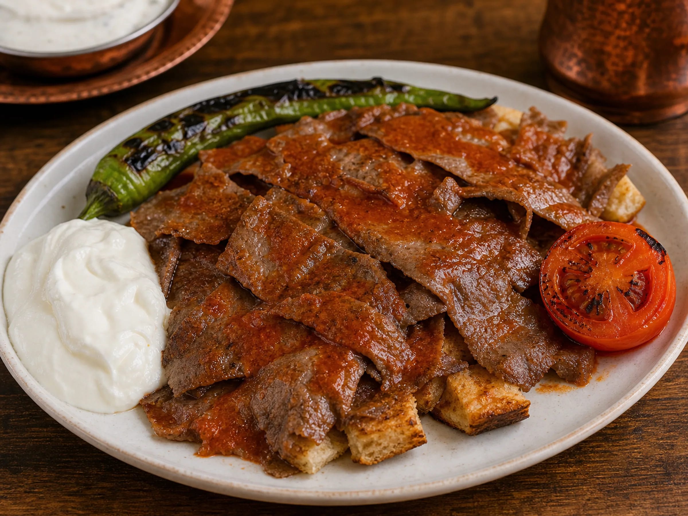 İskender Teller mit Rind, Pide, Tomatensauce, Joghurt und Paprikabutter
