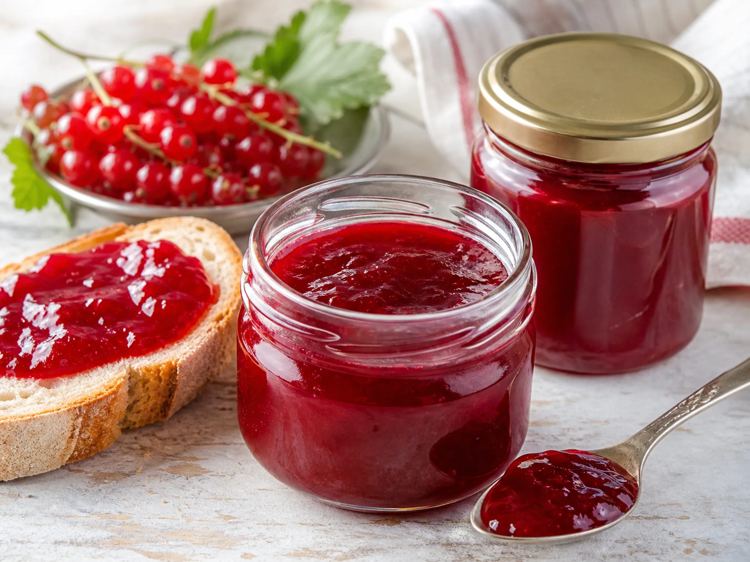 Glatt passierte rote Johannisbeermarmelade im Glas mit Brot und frischen Beeren