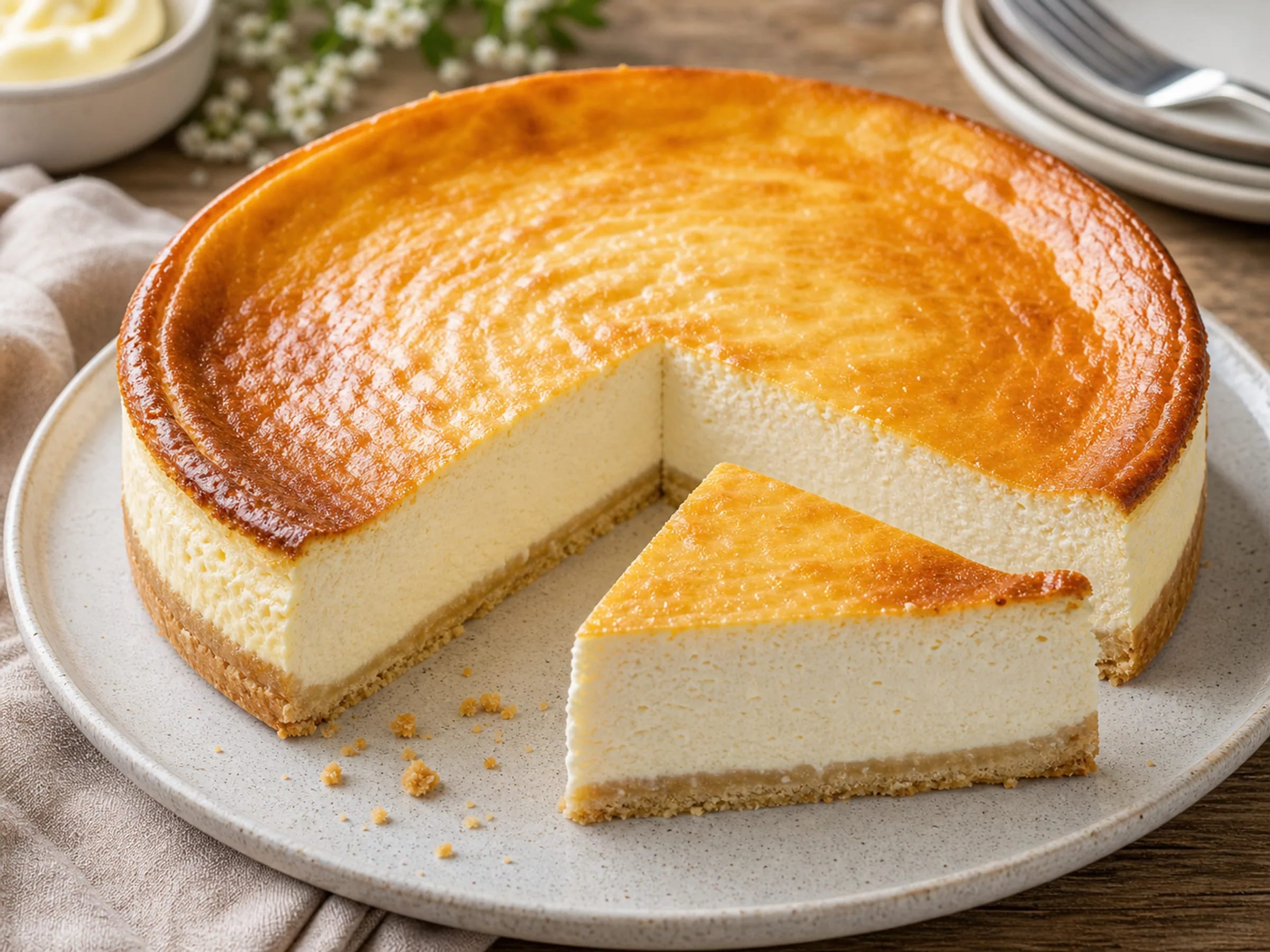 Angeschnittener Käsekuchen mit Quarkfüllung und zartem Mürbeteigboden
