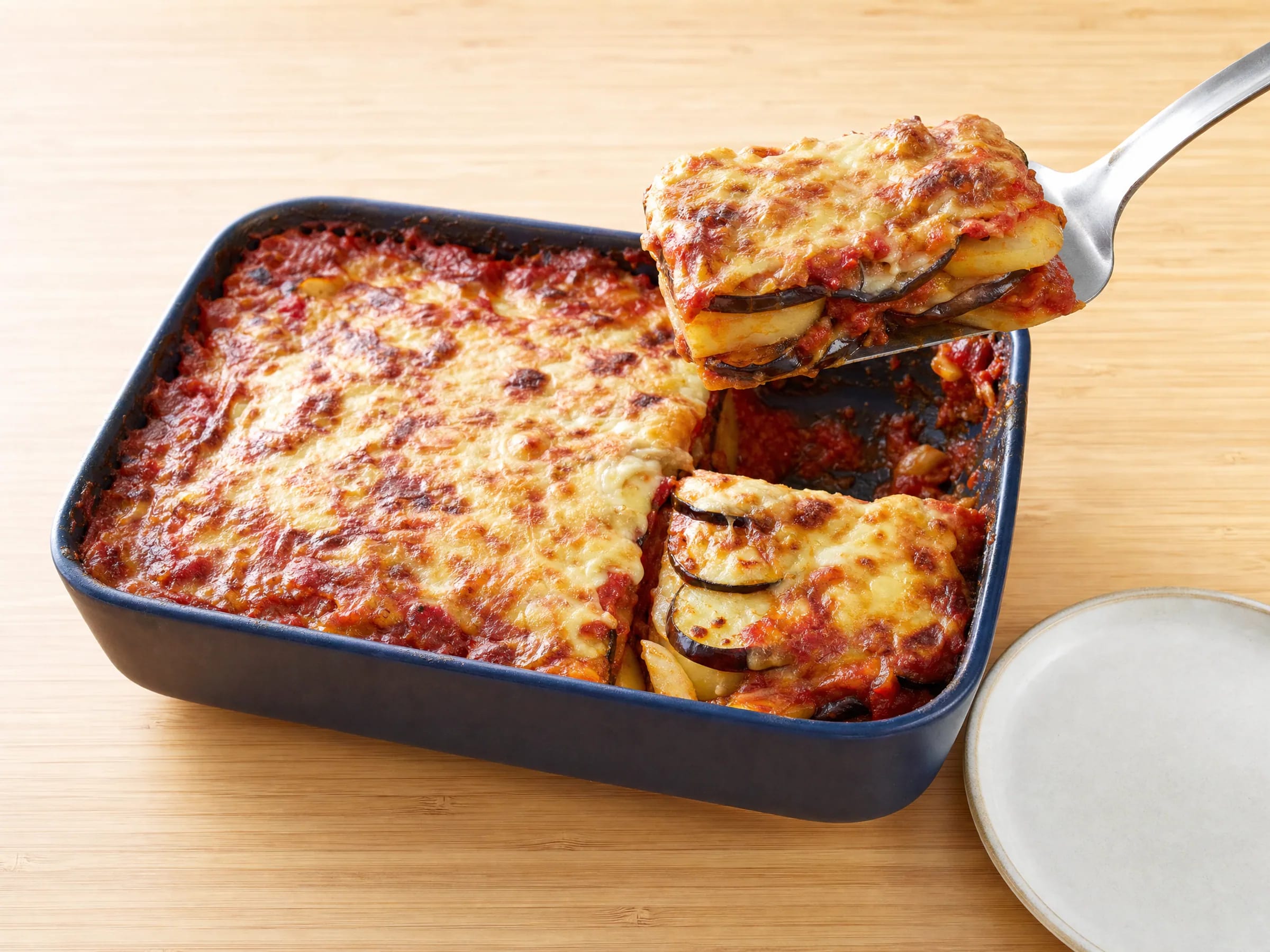 Kartoffel-Auberginen-Auflauf mit Tomatensauce und Käsehaube fertig angerichtet