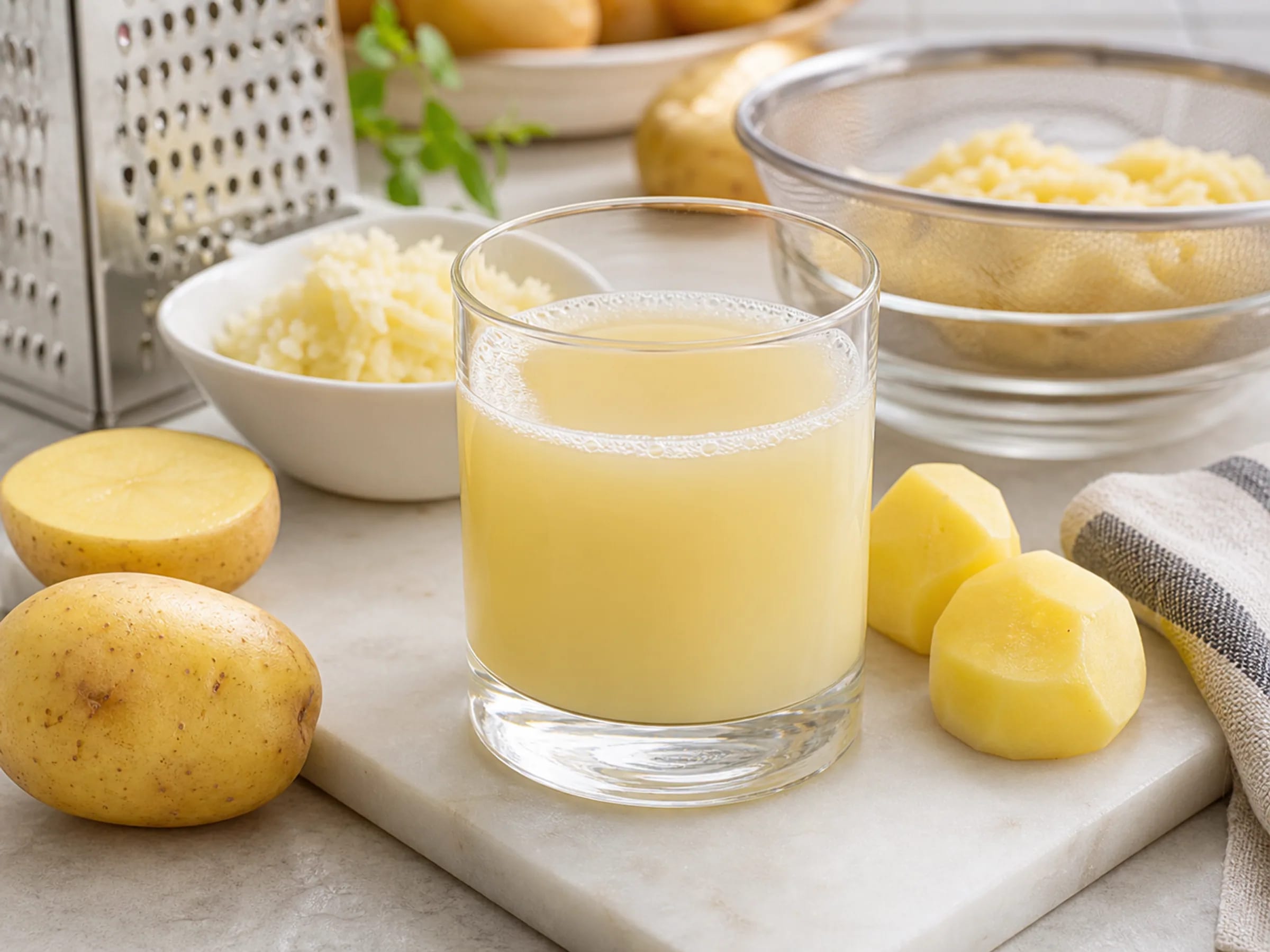 Frischer Kartoffelsaft im Glas mit geschälten Kartoffeln und Sieb daneben