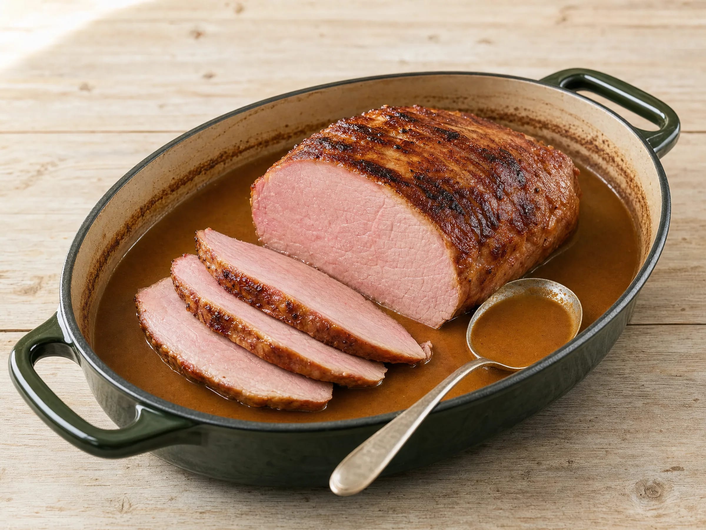 Kasseler Rollbraten aus dem Backofen mit Bratensauce fertig angerichtet