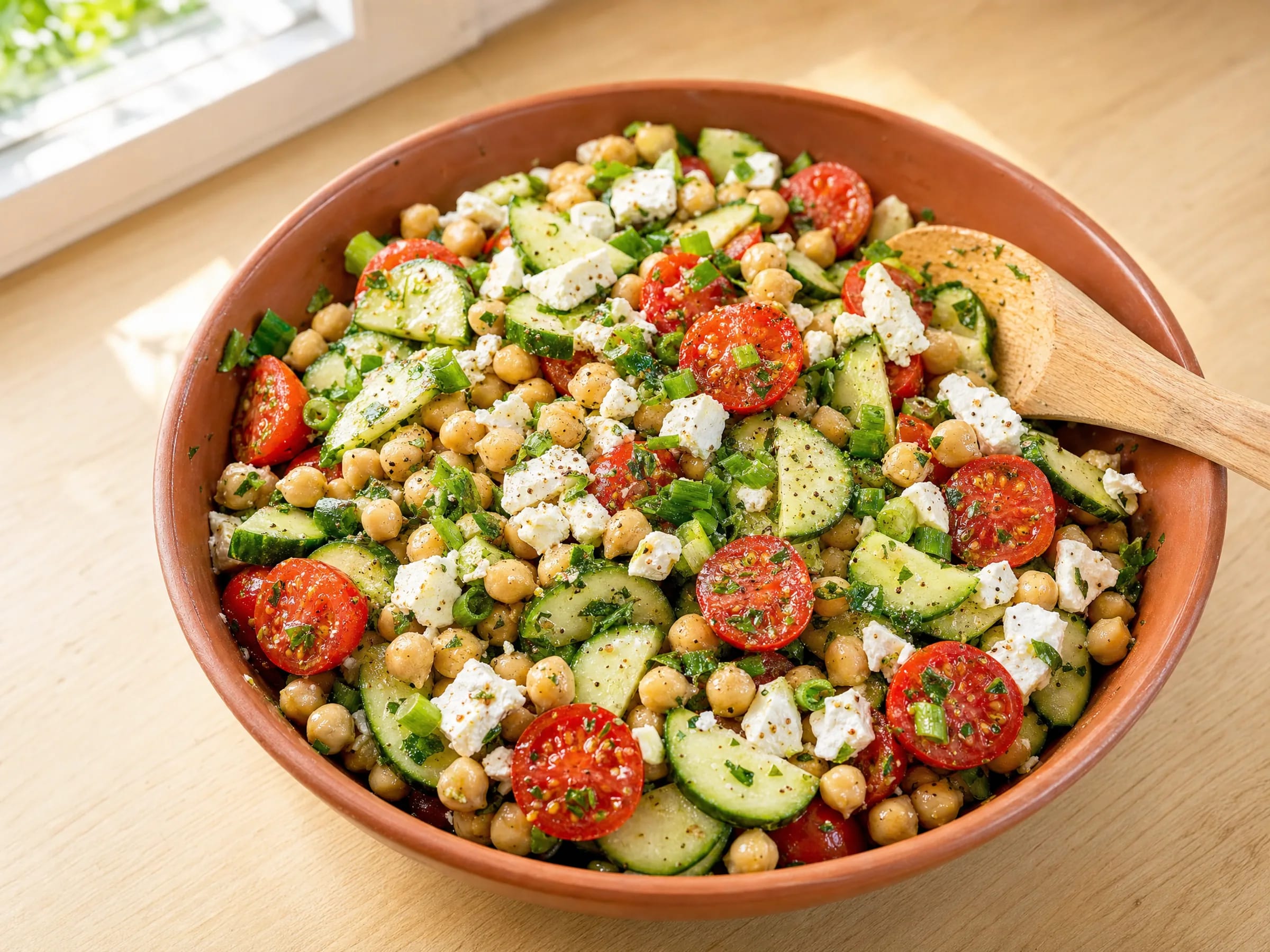 Kichererbsensalat mit Feta, Gurke und Tomaten fertig angerichtet