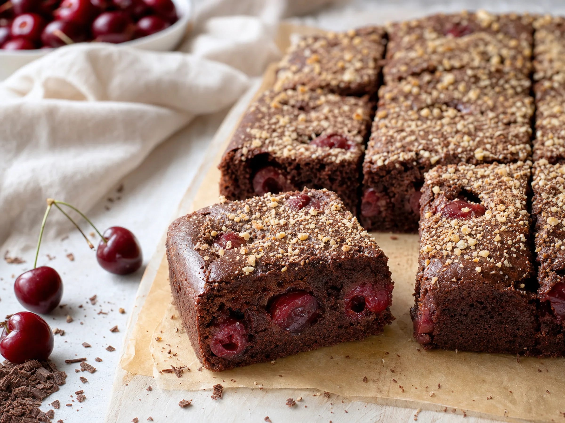 Saftiger Schoko-Kirsch-Kuchen vom Blech mit roten Kirschen, dunklem Rührteig und Schokoraspeln