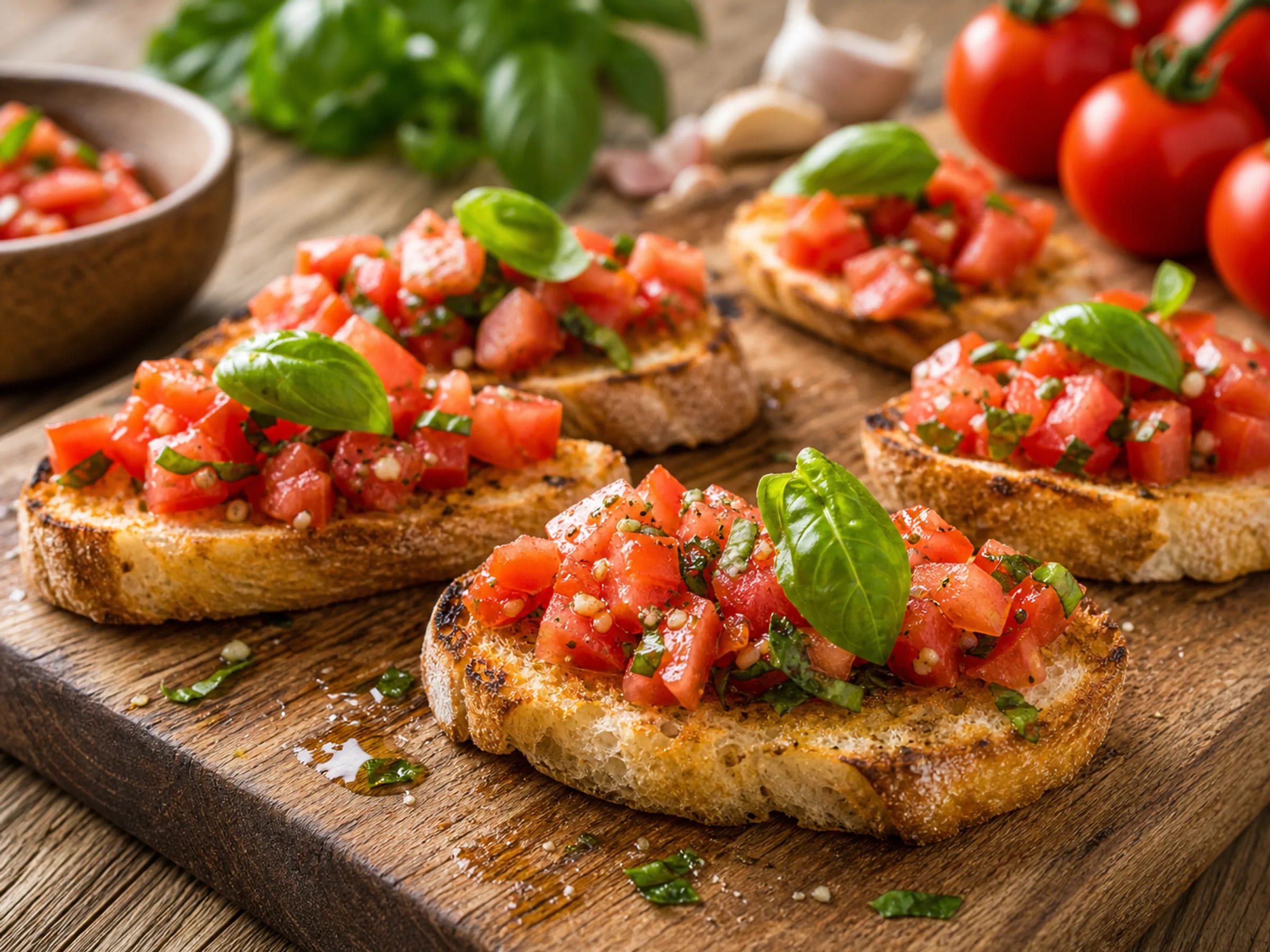 Bruschetta mit Tomatenwürfeln, Basilikum und geröstetem Ciabatta auf einem Teller