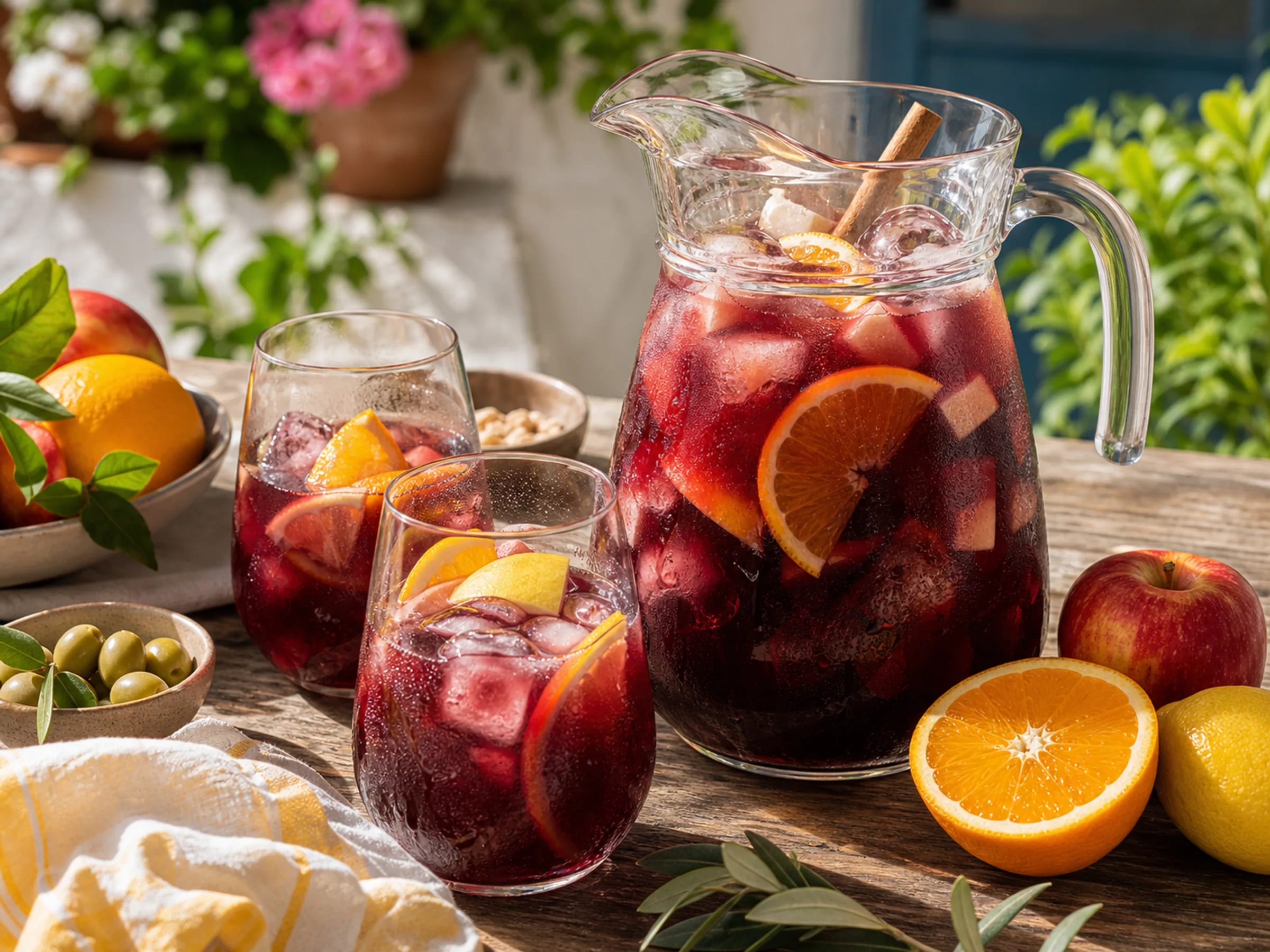 Spanische Sangria mit Rotwein, Zitrusfrüchten, Apfel, Pfirsich und Eis im Glas