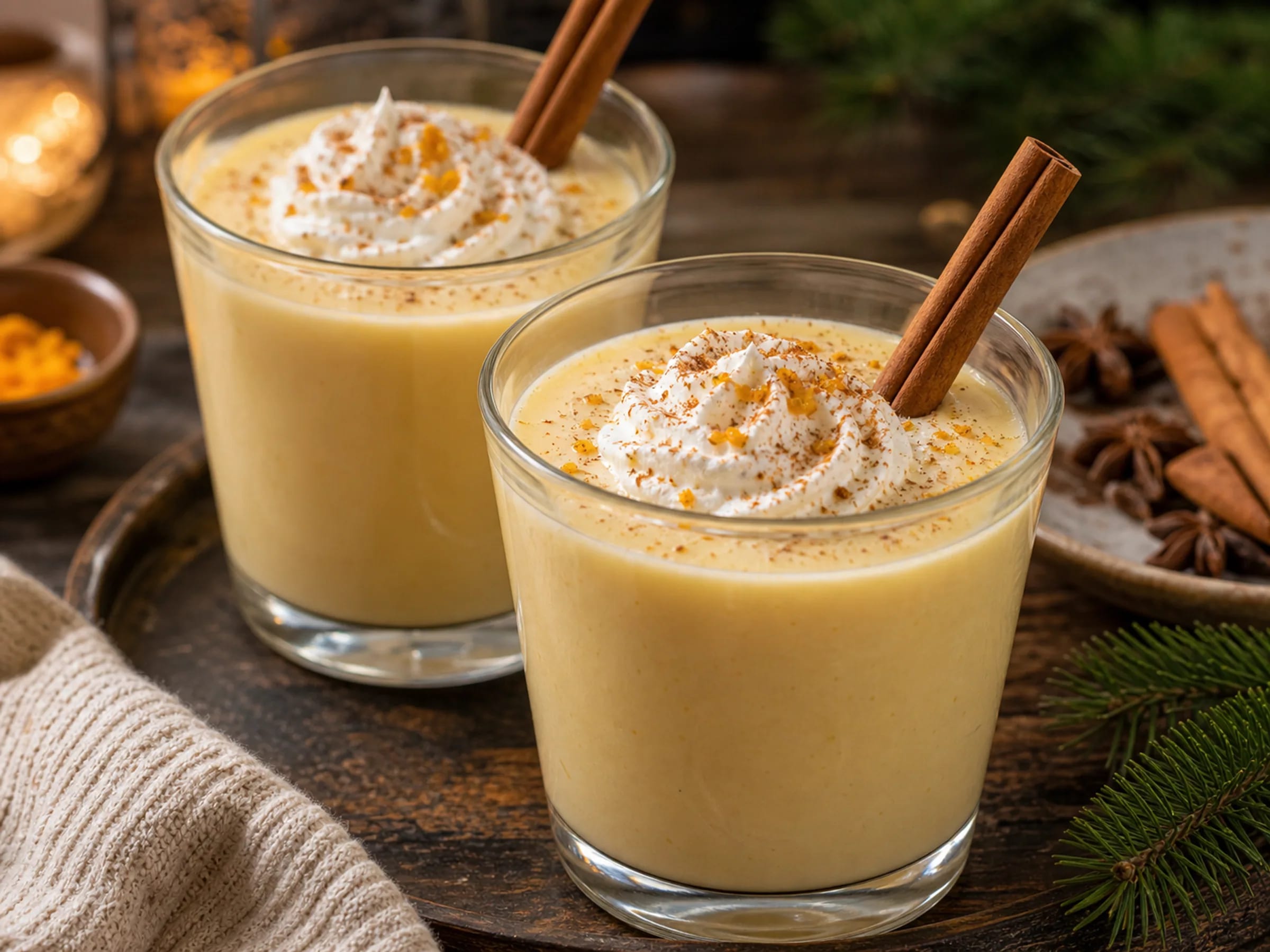 Cremiger Eierpunsch im Glas mit Sahnehaube, Zimt und Orangengarnitur