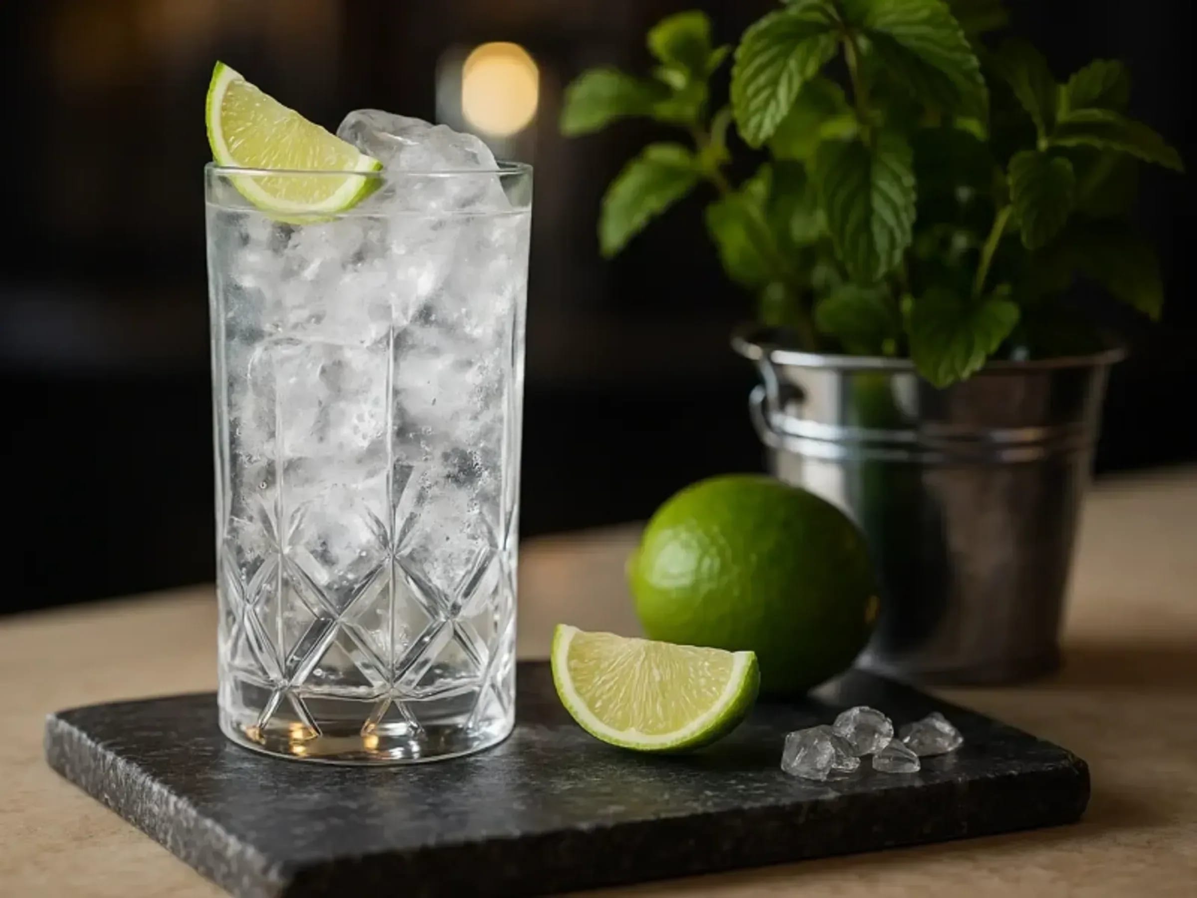 Klassischer Gin Tonic mit Eiswürfeln und Limettenspalte im Glas