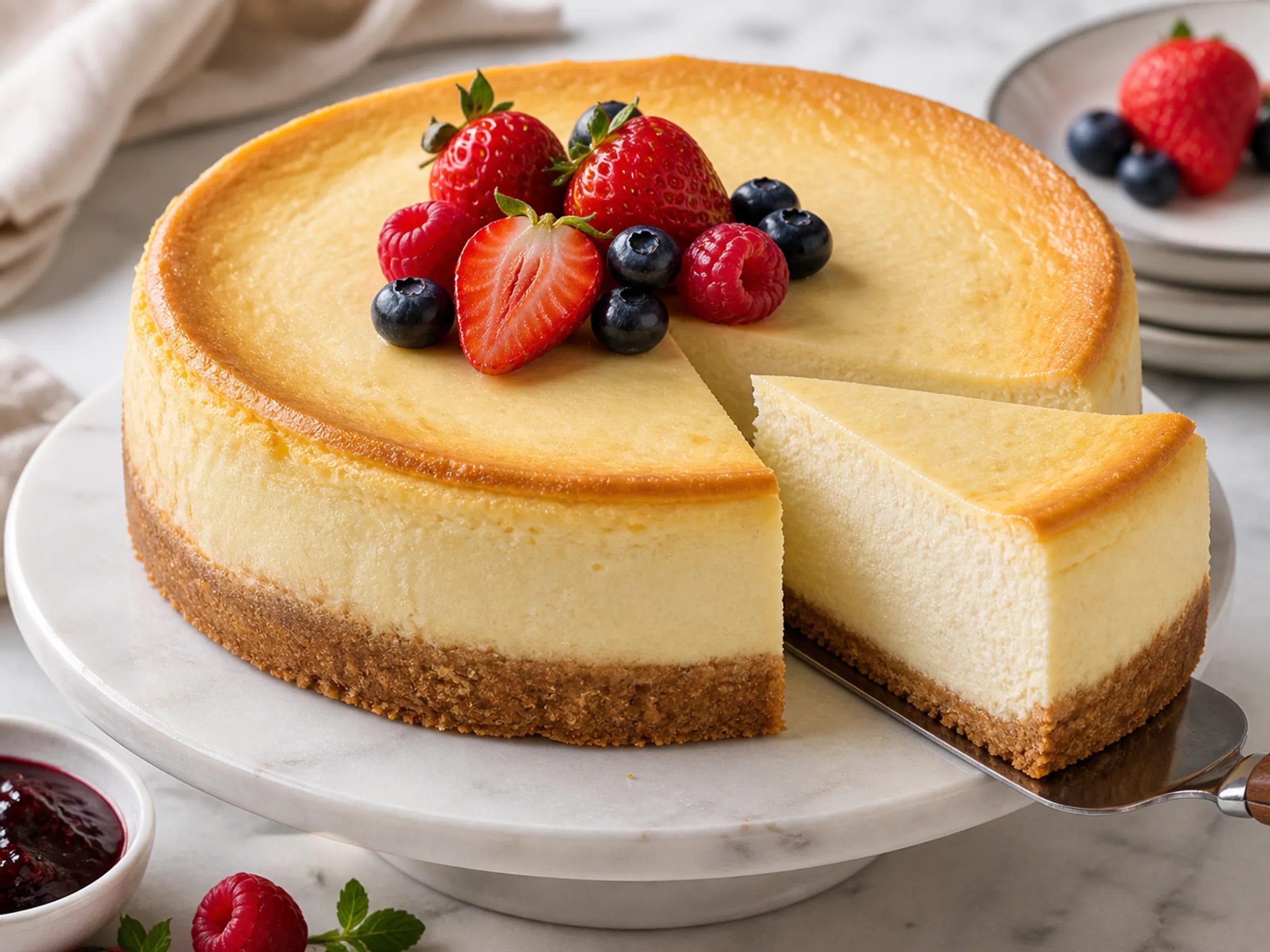 Stück New York Cheesecake mit glatter Frischkäsefüllung und knusprigem Keksboden