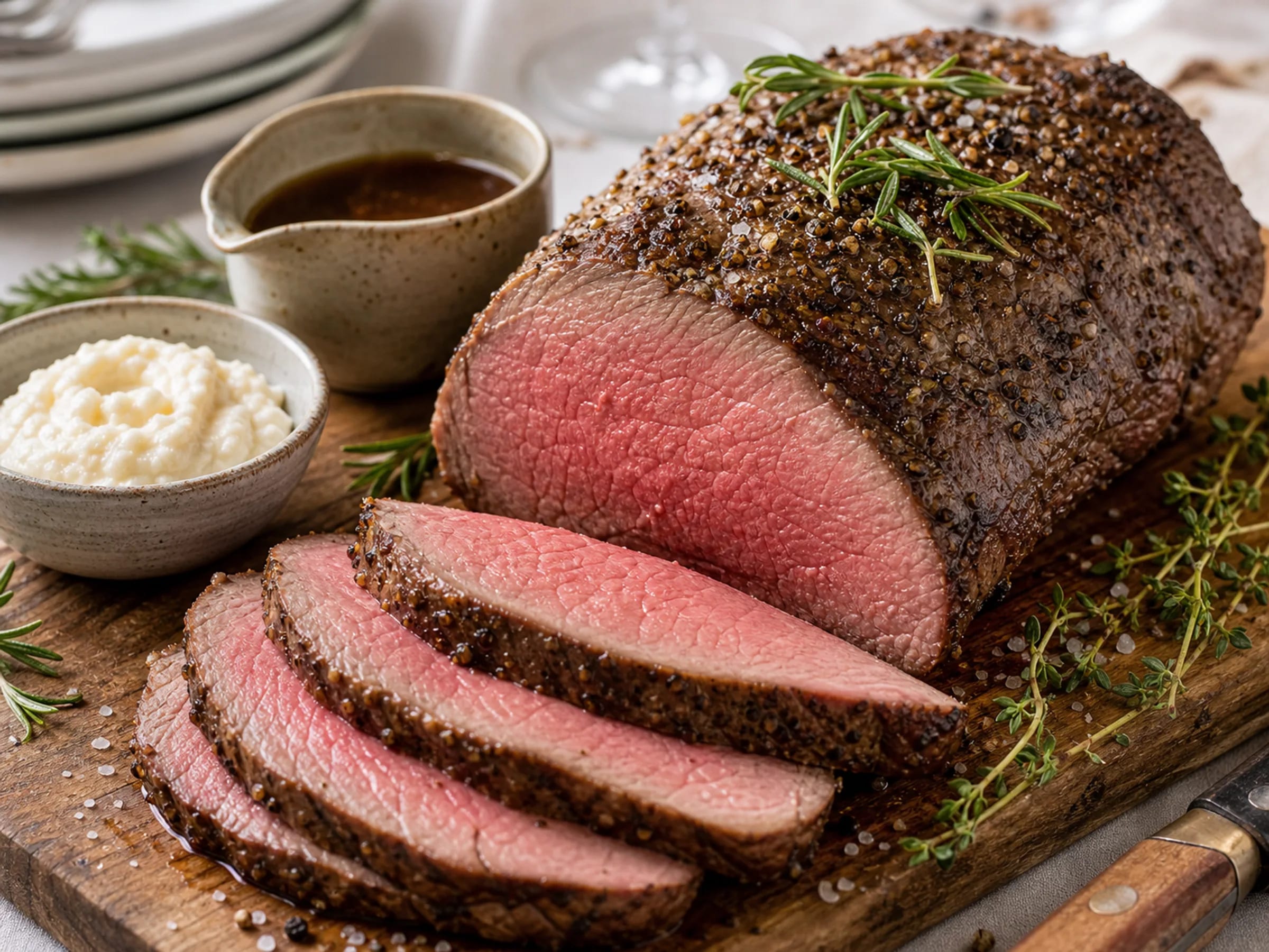 Rosa aufgeschnittenes Roastbeef mit gebräunter Kruste, Kräutern und Knoblauch