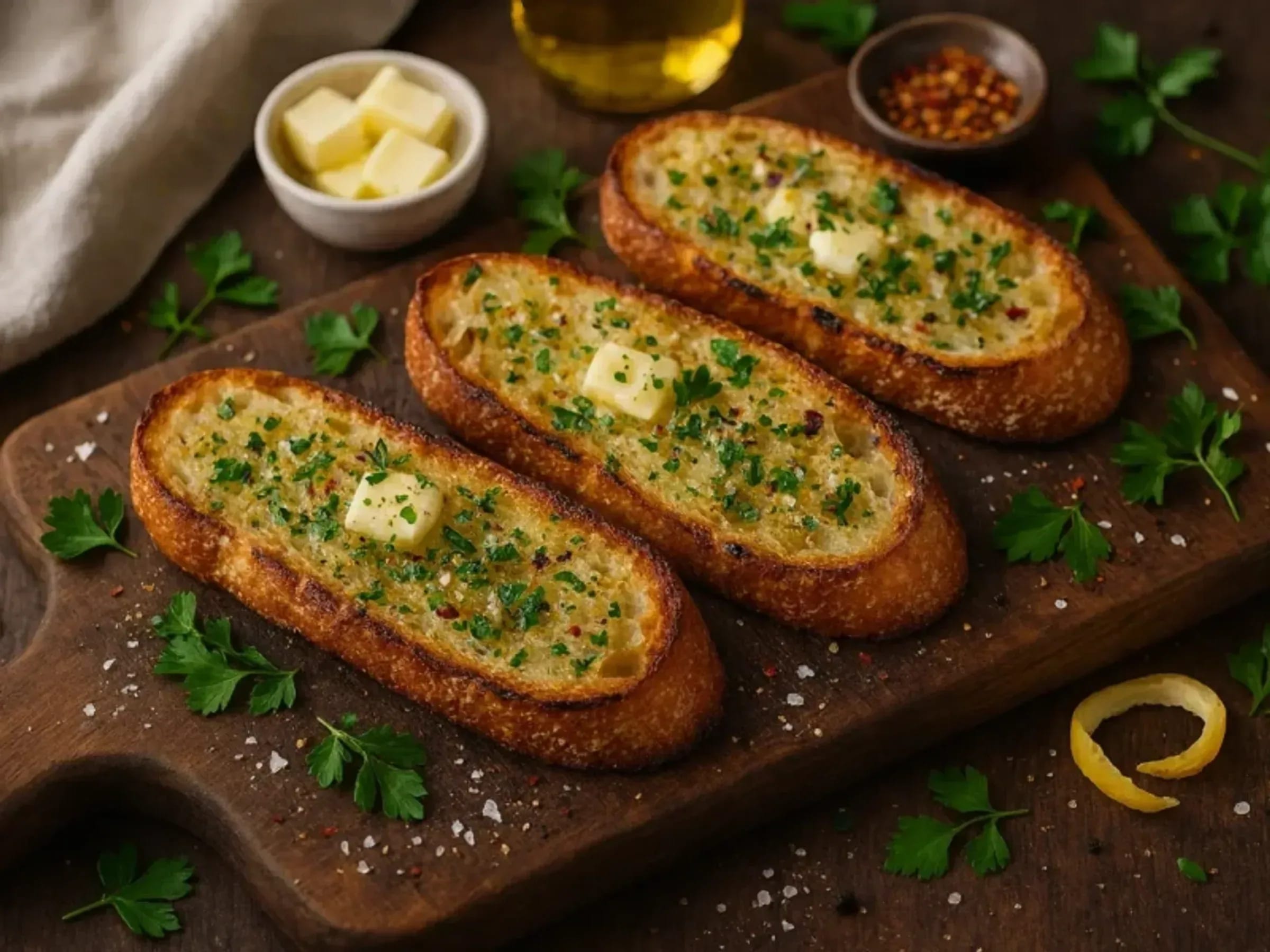 Goldbraun gebackenes Knoblauchbrot mit Kräuterbutter auf einem Holzbrett
