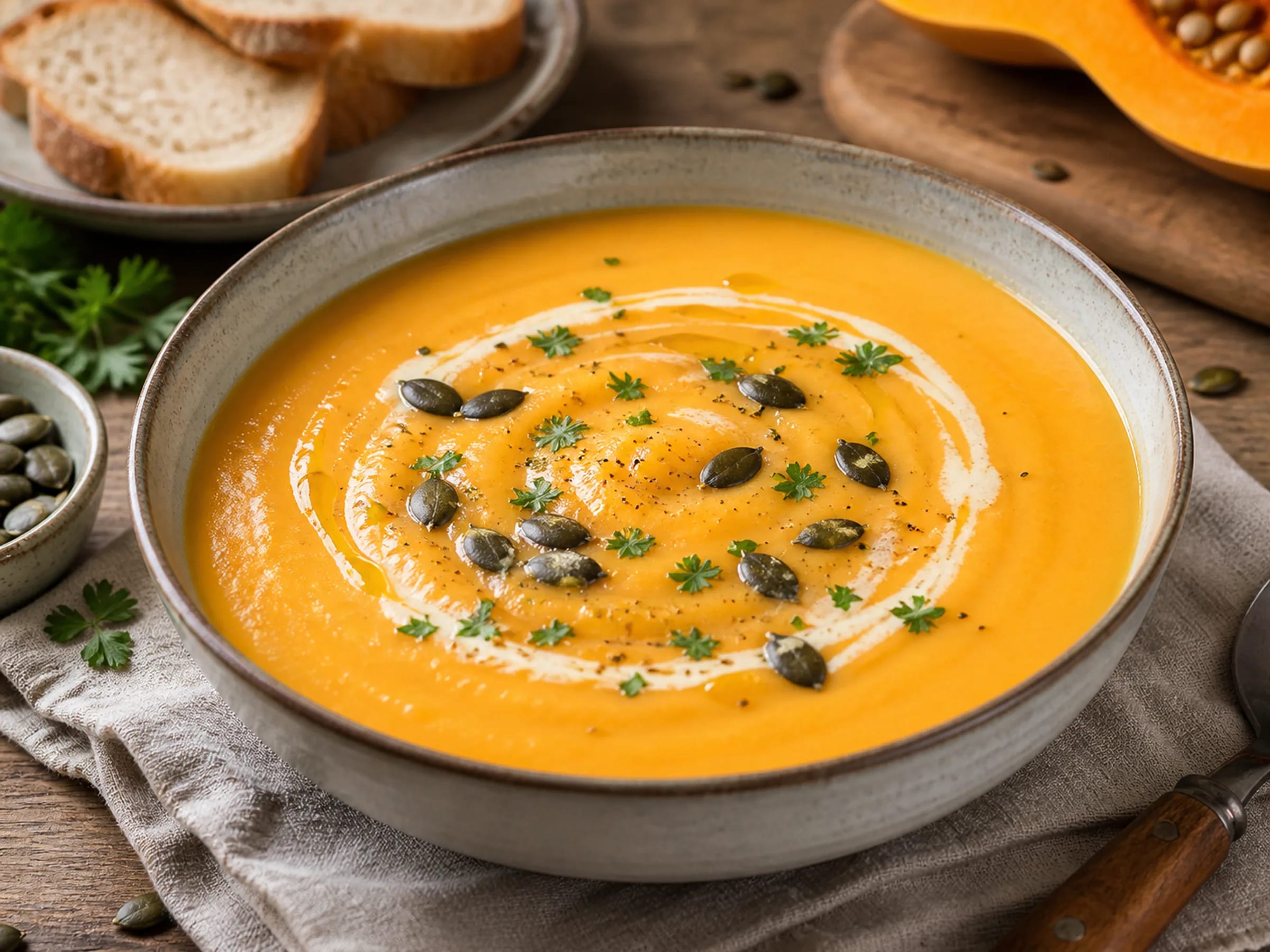Cremige Kürbis-Kartoffel-Suppe mit Kürbiskernen und Kürbiskernöl