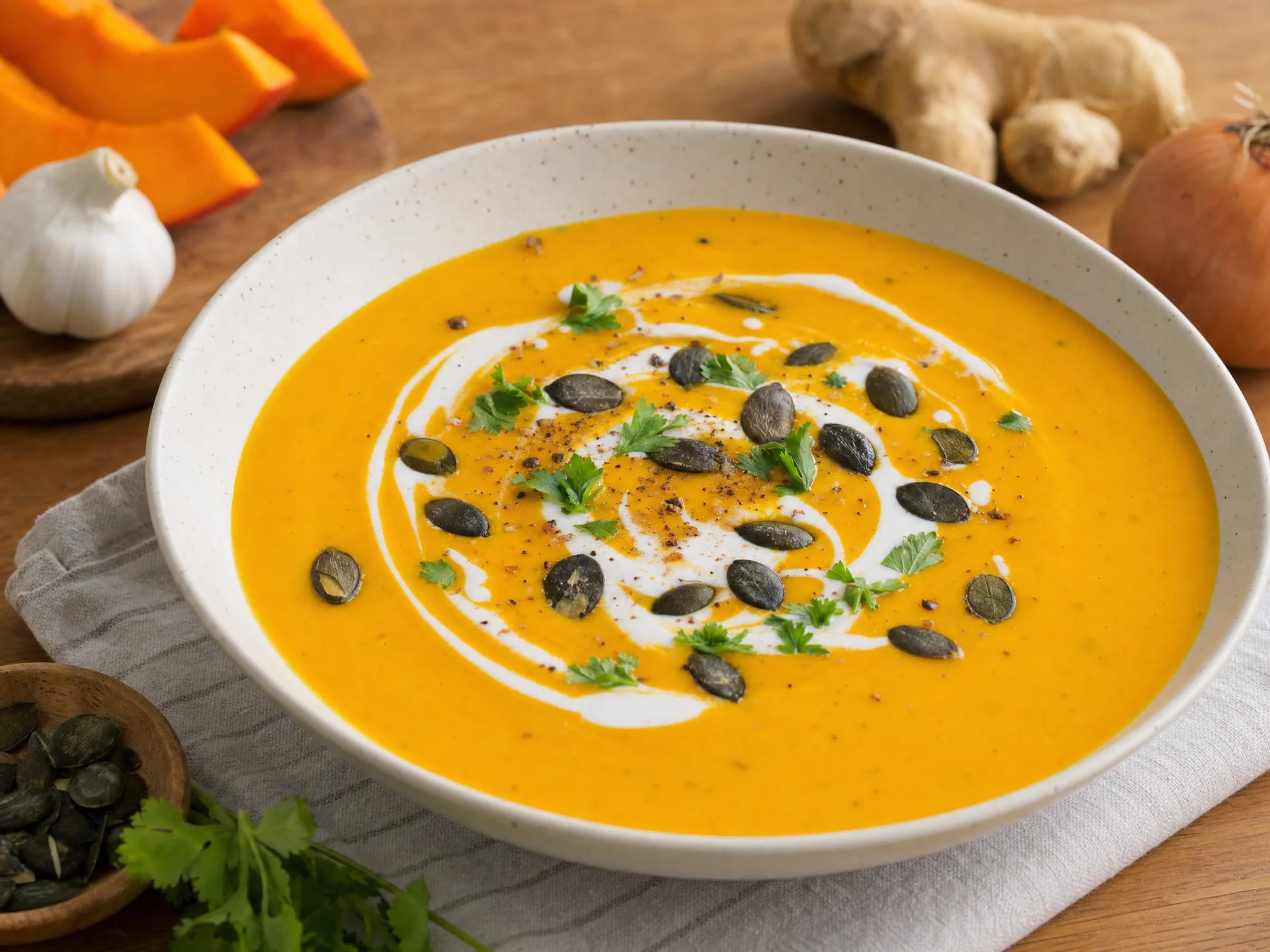 Kürbissuppe mit Kokosmilch – samtig vegan aus Hokkaido fertig angerichtet