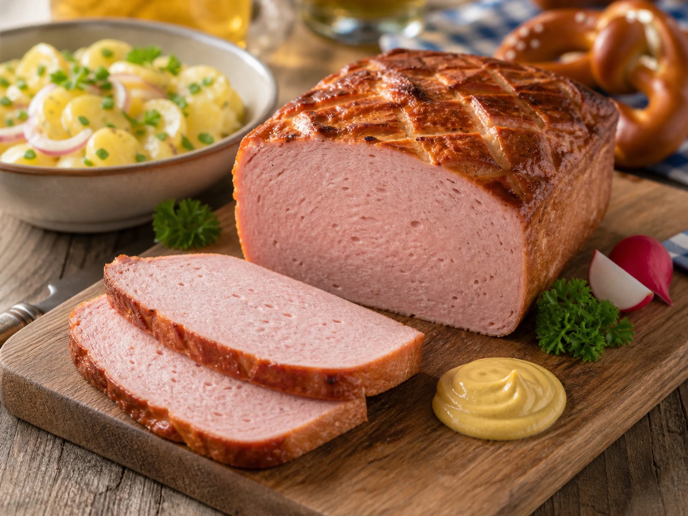 Aufgebackener Leberkäse mit goldbrauner Kruste, Scheiben und Senf