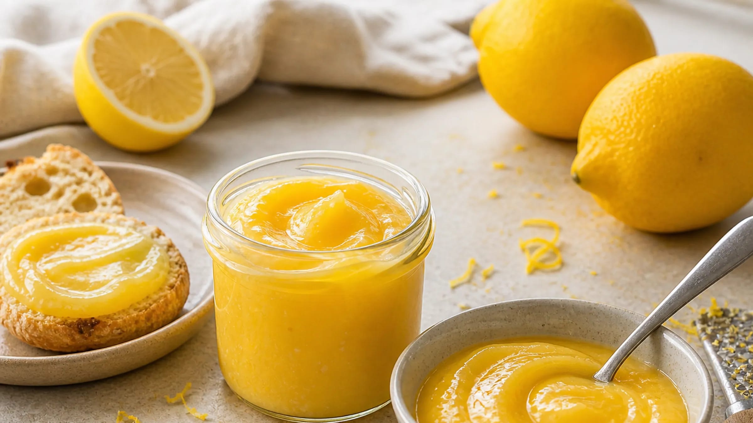 Samtiger Lemon Curd im Glas mit Zitronen und bestrichenem Gebäck