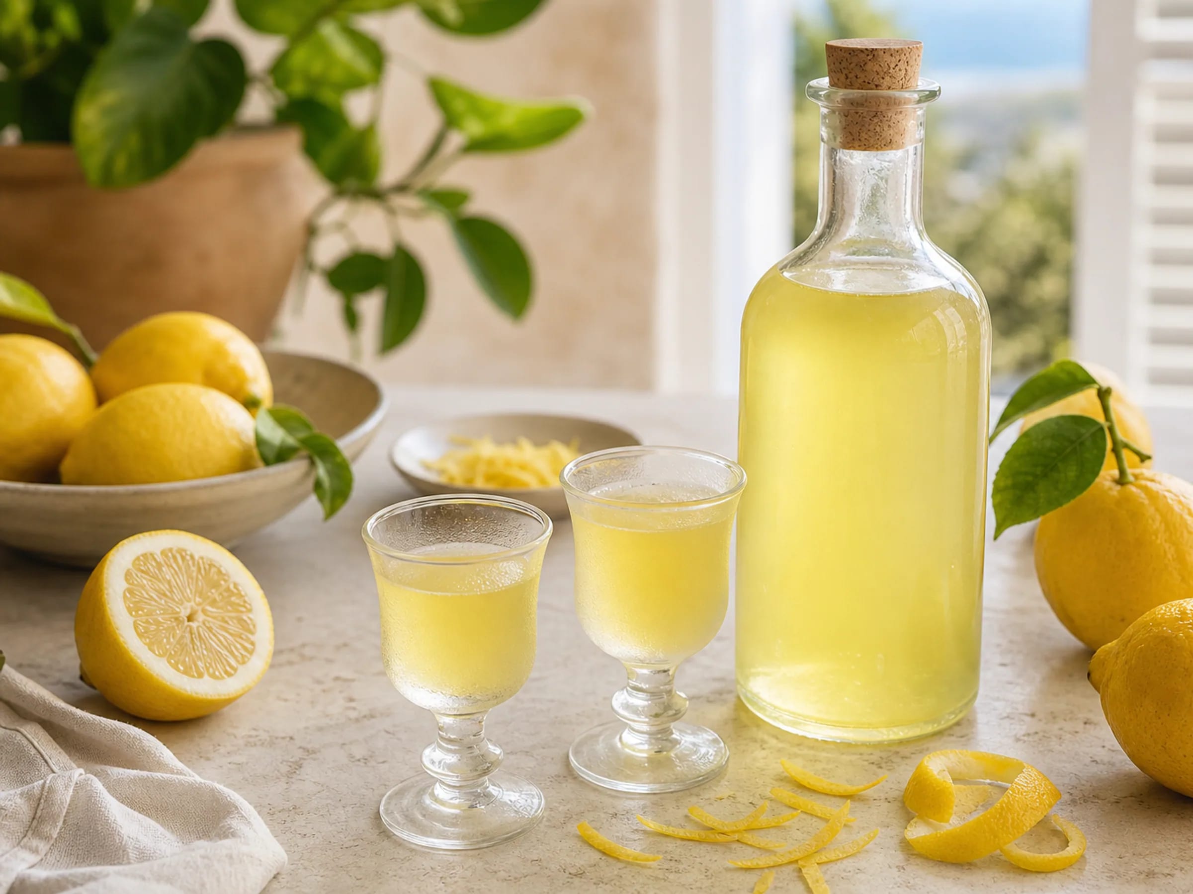 Hausgemachter Limoncello in einer Flasche mit kleinen Gläsern und Zitronen