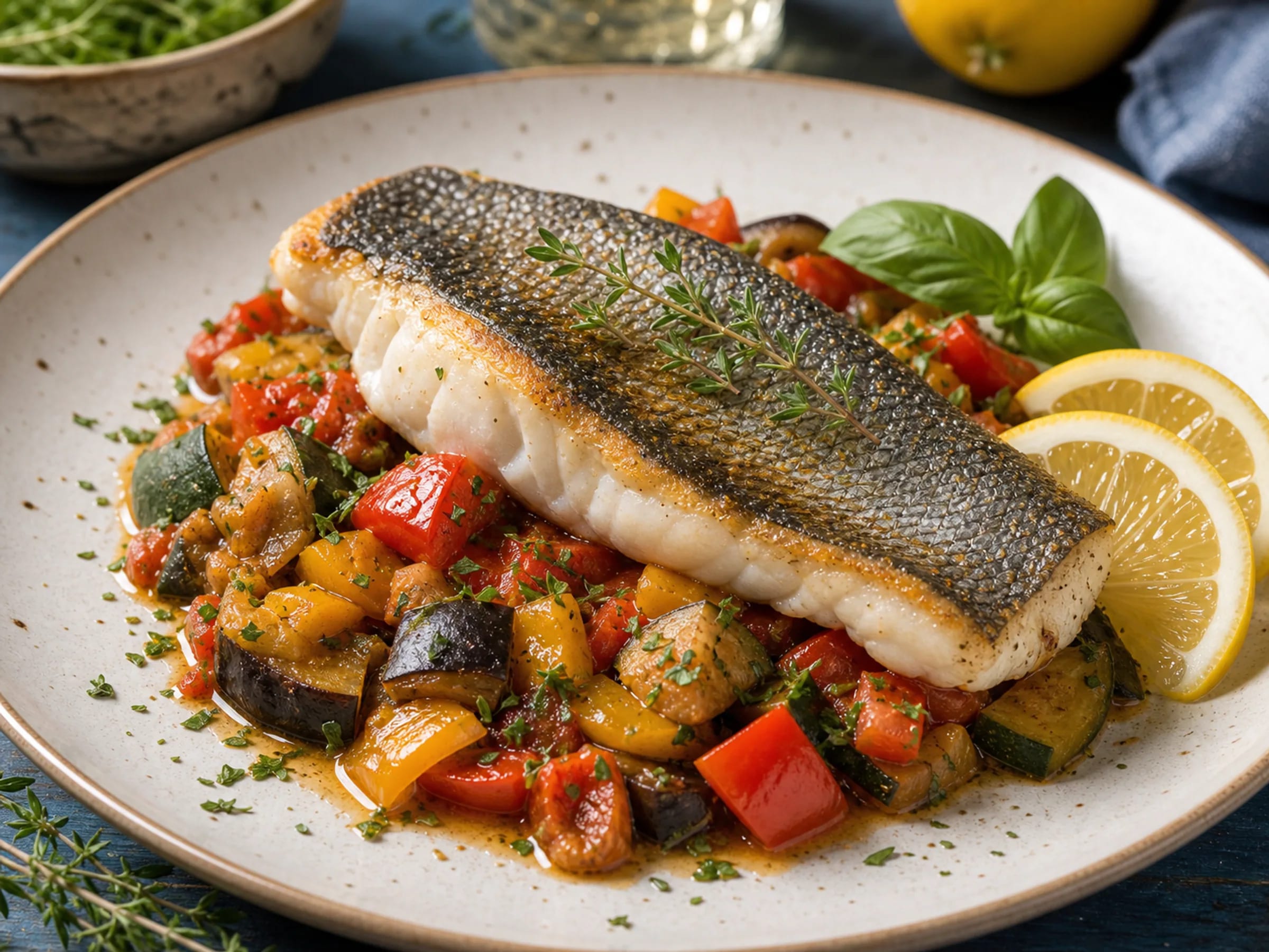 Gebratener Wolfsbarsch mit knuspriger Haut auf Ratatouille aus Zucchini, Aubergine und Tomaten