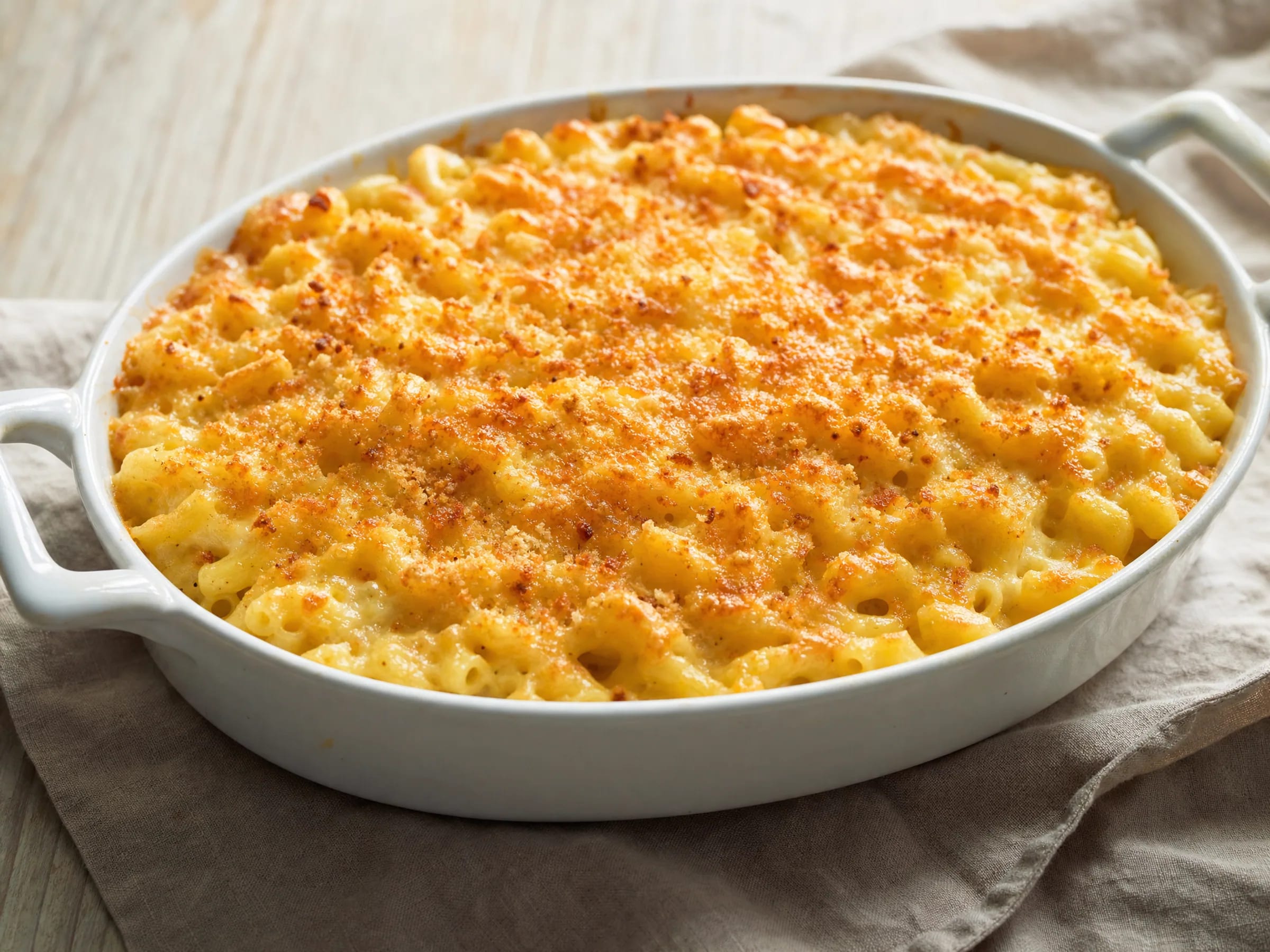 Makkaroni-Auflauf mit Käsesauce und Bröselkruste fertig angerichtet