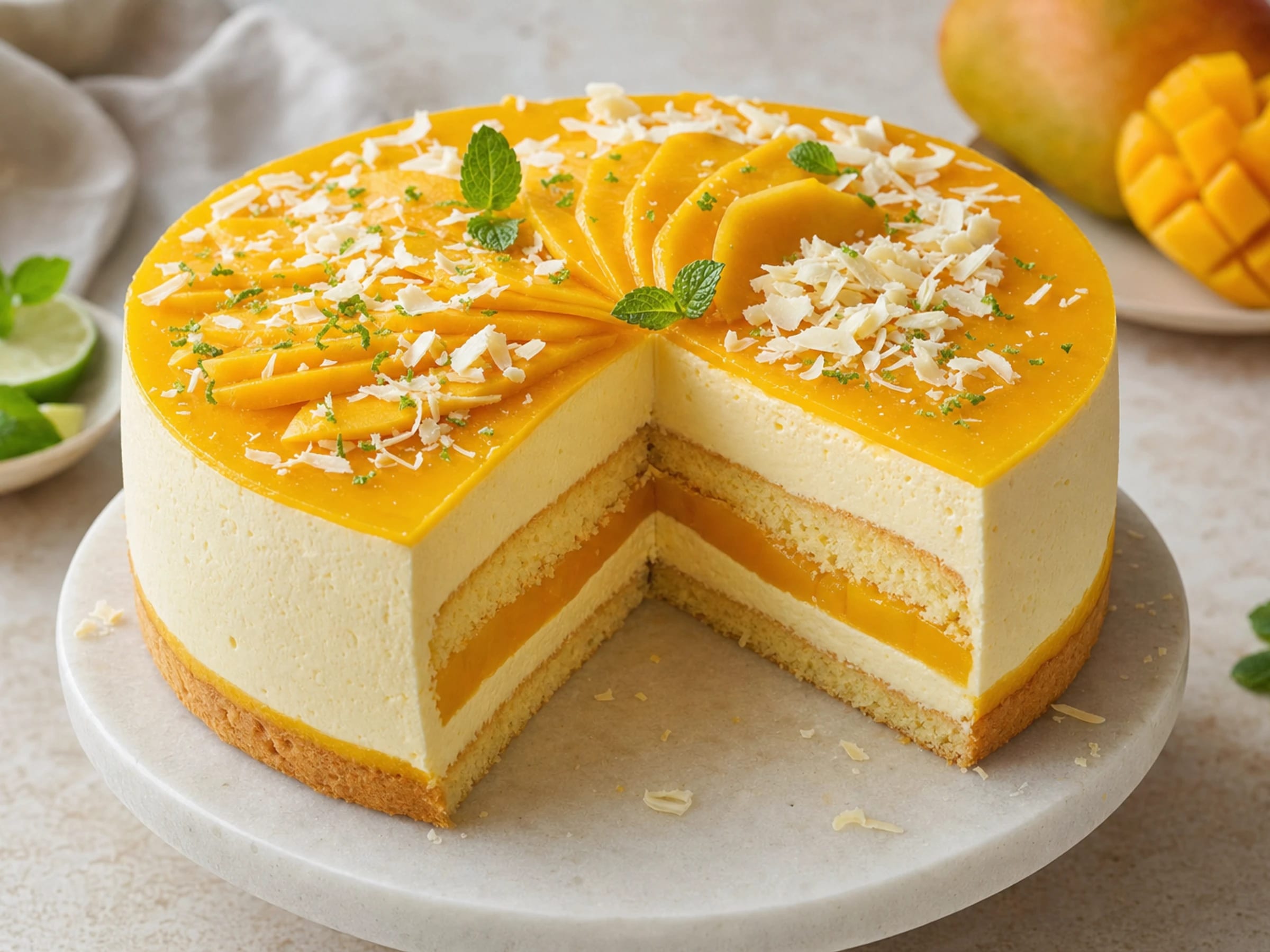 Angeschnittene Mango-Torte mit Biskuitboden, Mango-Schicht, heller Joghurt-Sahne-Creme und glänzendem Mango-Belag mit Mangoscheiben.