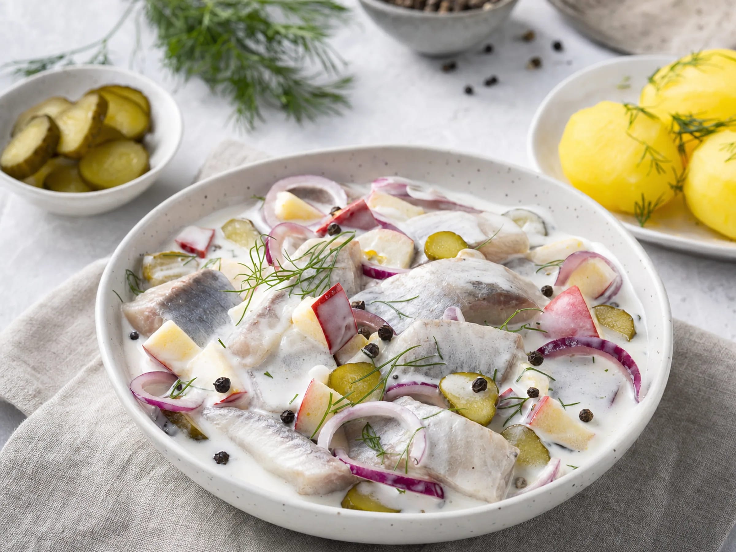 Marinierter Hering in cremiger Sauce mit Apfel, roten Zwiebeln, Gewürzgurken, Dill und Pellkartoffeln