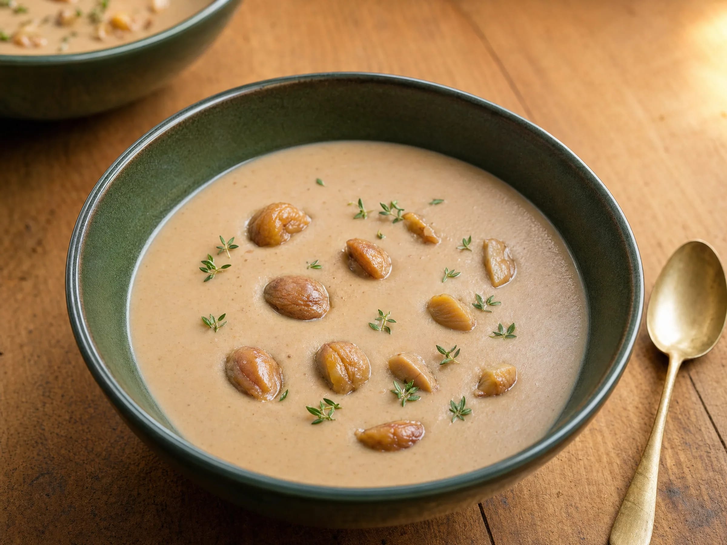 Maronensuppe mit Sahne und Thymian fertig angerichtet