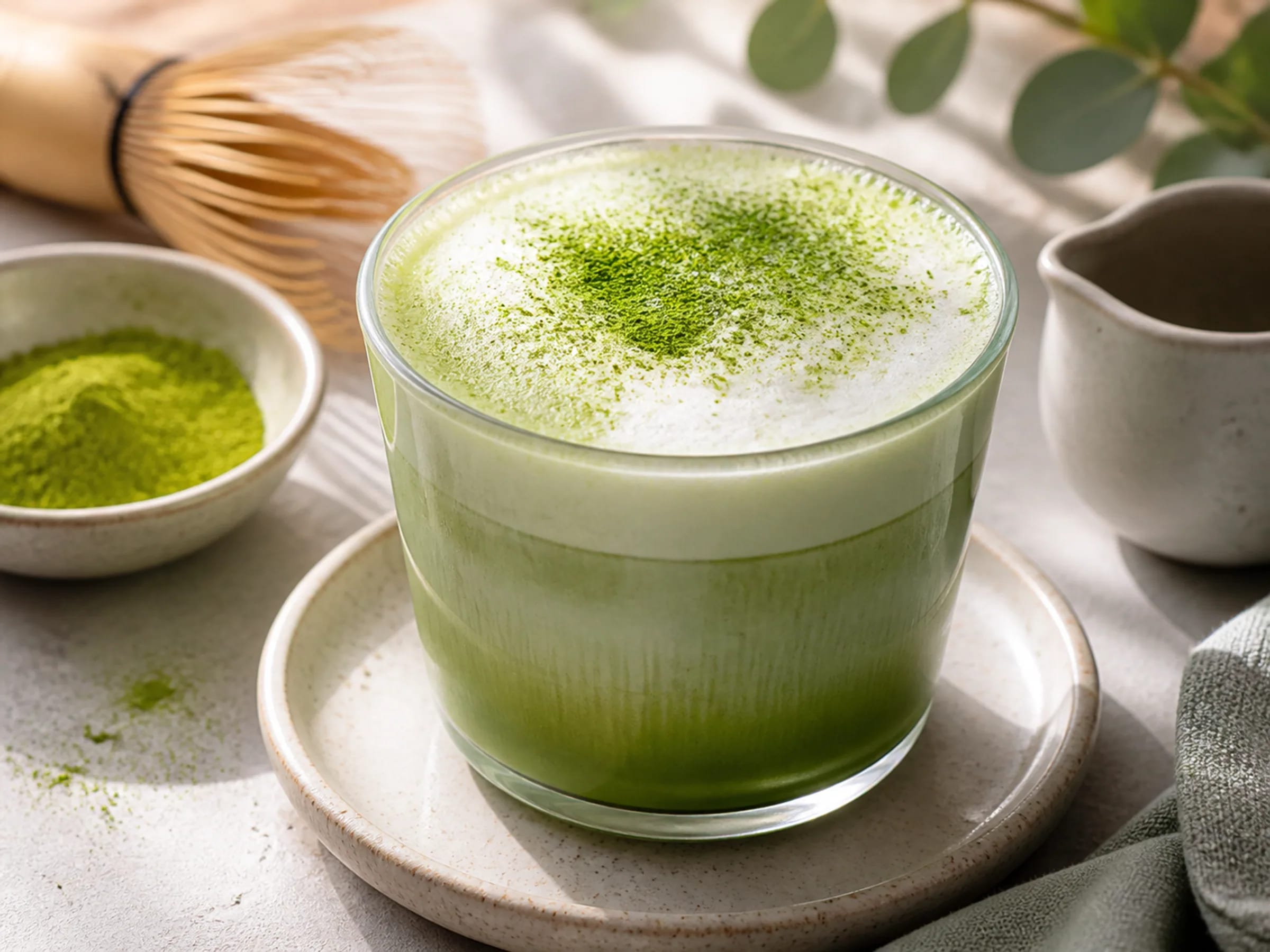 Cremiger Matcha Latte mit grünem Matcha und hellem Haferdrink-Schaum im Glas
