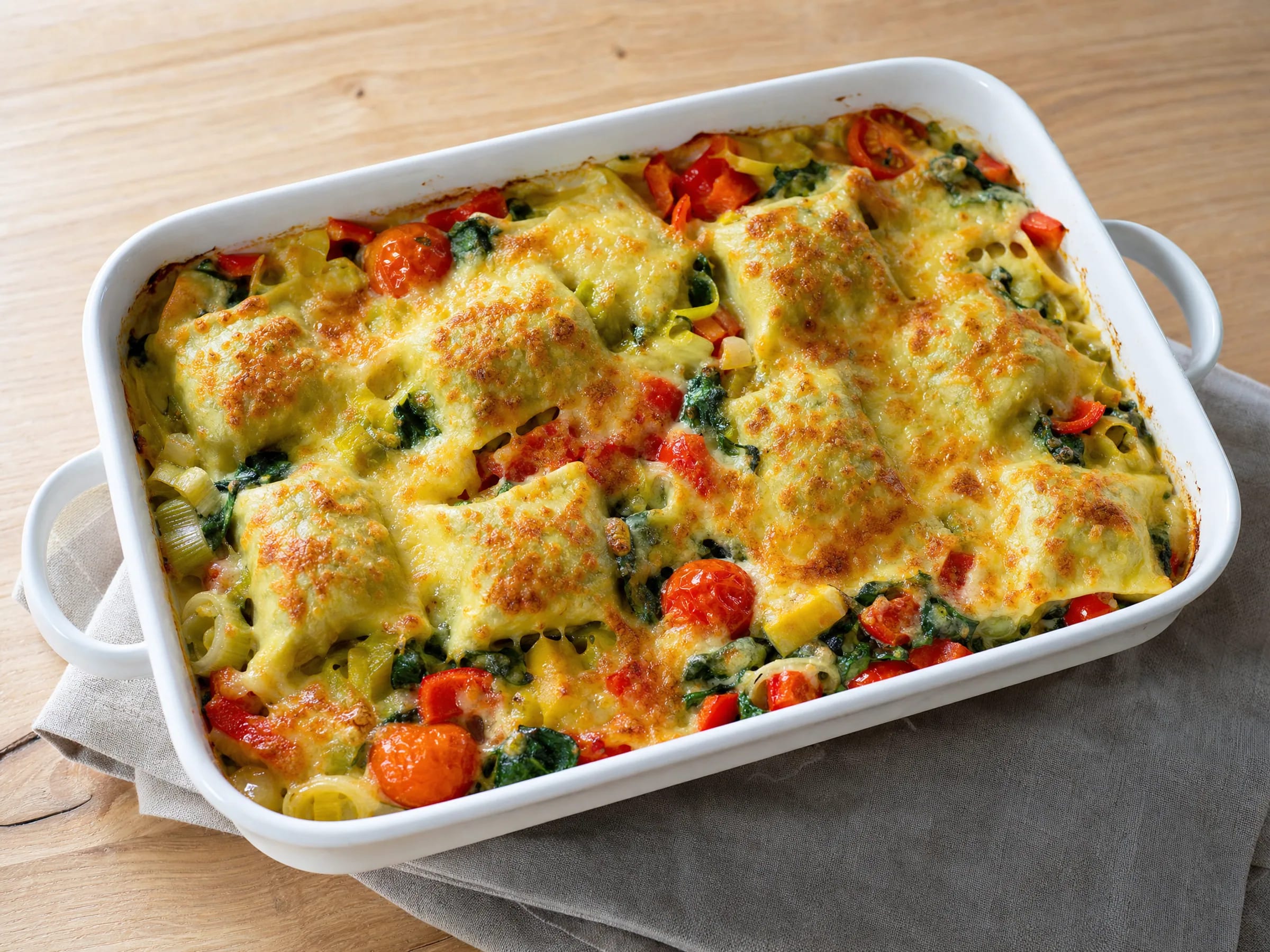 Maultaschen-Auflauf mit Gemüse, Spinat und Käsekruste fertig angerichtet