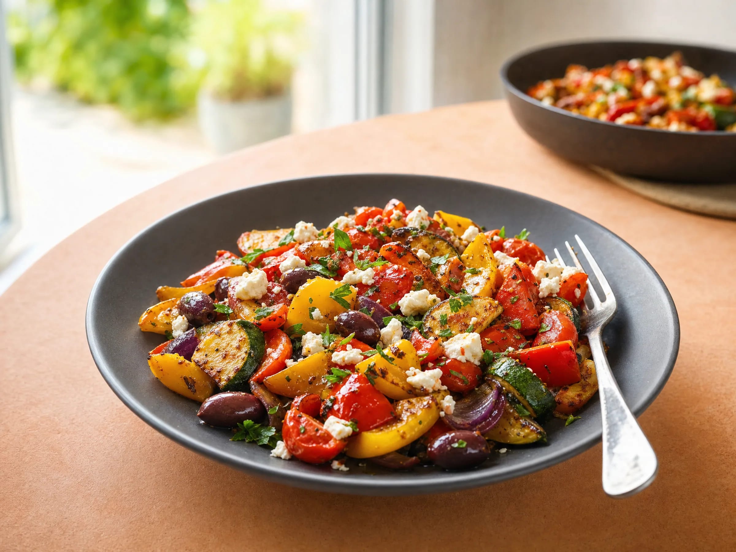 Mediterrane Gemüsepfanne mit Feta, Paprika und Zucchini fertig angerichtet