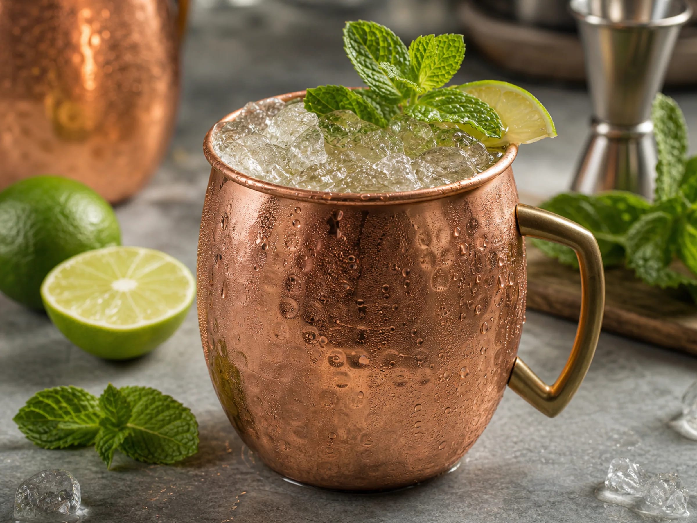 Moscow Mule im Kupferbecher mit Eiswürfeln, Limettenscheibe und frischer Minze