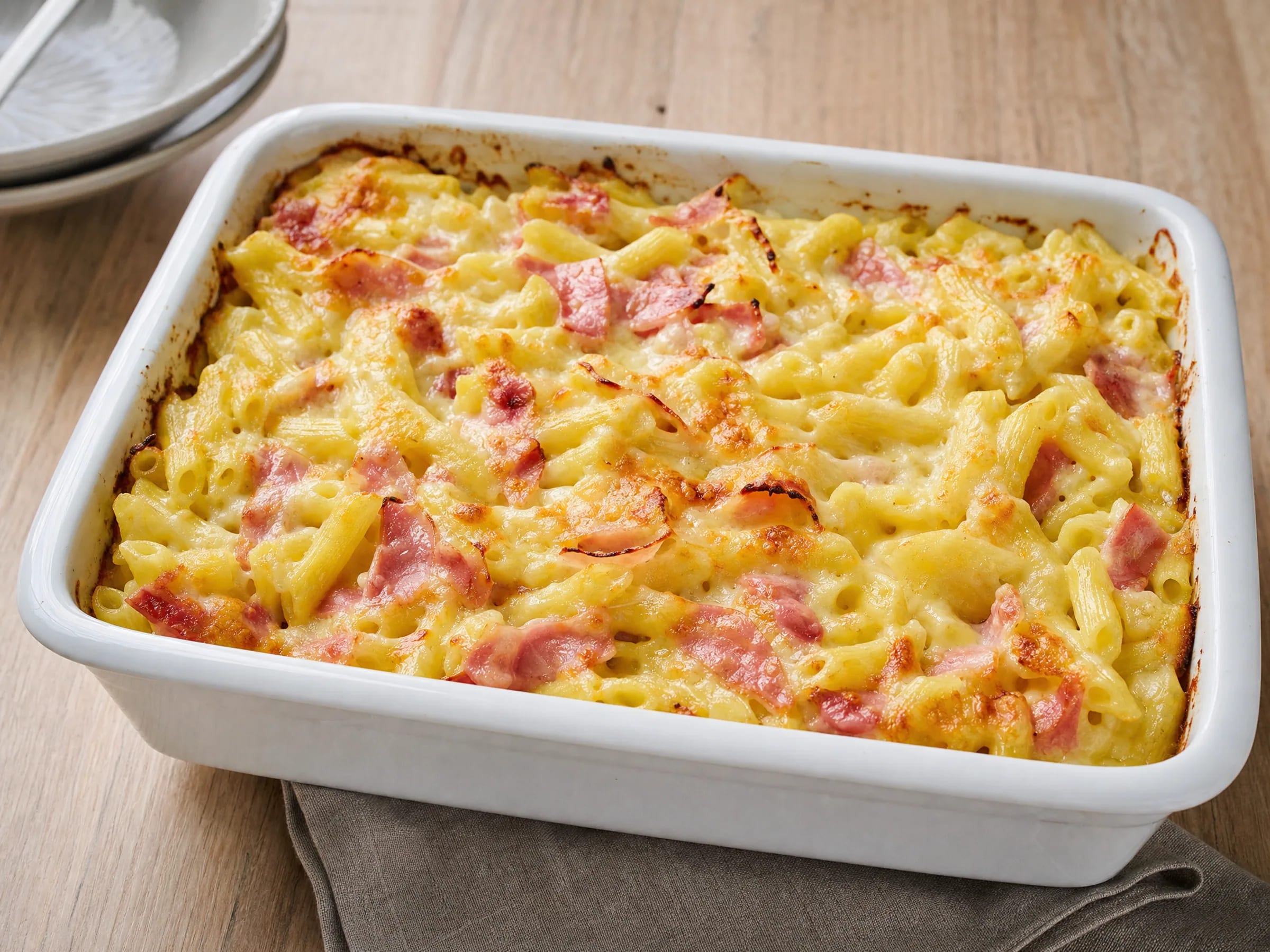 Nudel-Schinken-Auflauf mit Kochschinken und Gouda fertig angerichtet