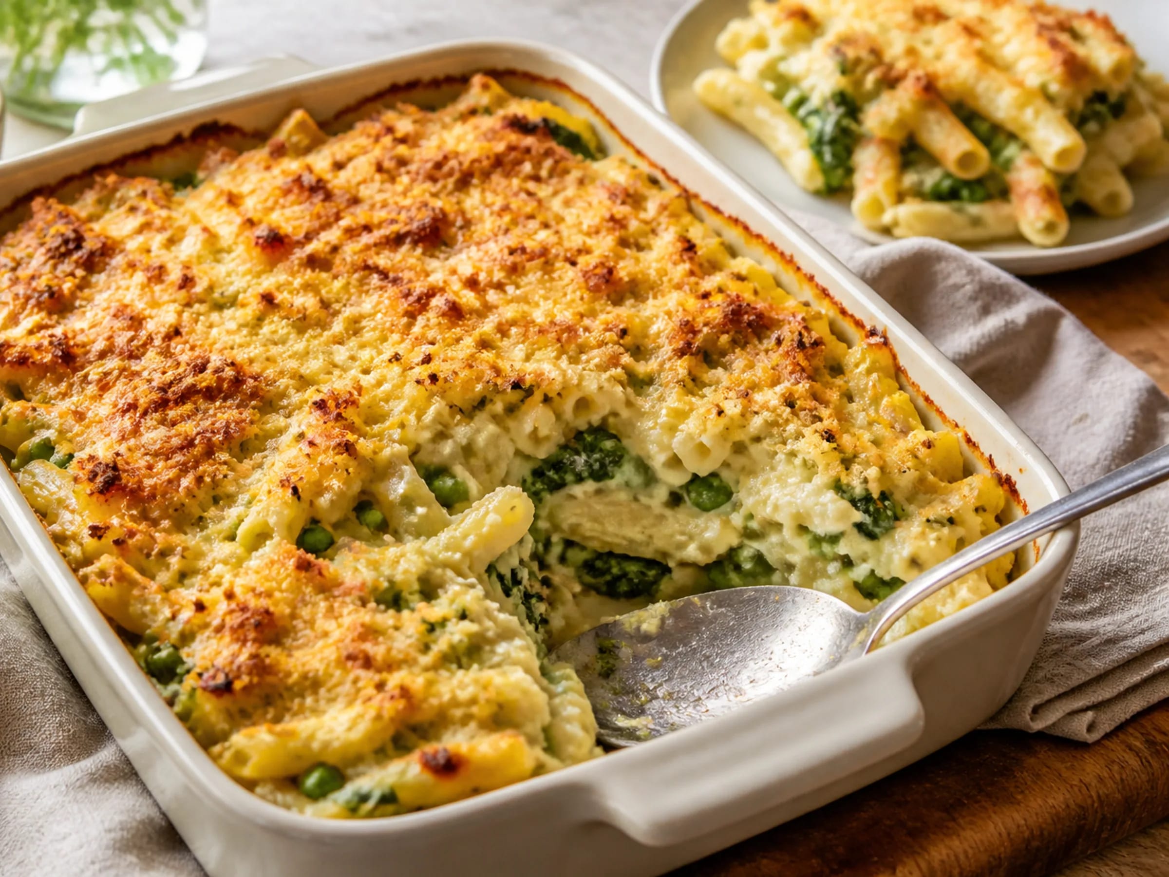 Nudelauflauf mit Ei, Fusilli, Spinat, Erbsen und goldbrauner Käsekruste in einer Auflaufform