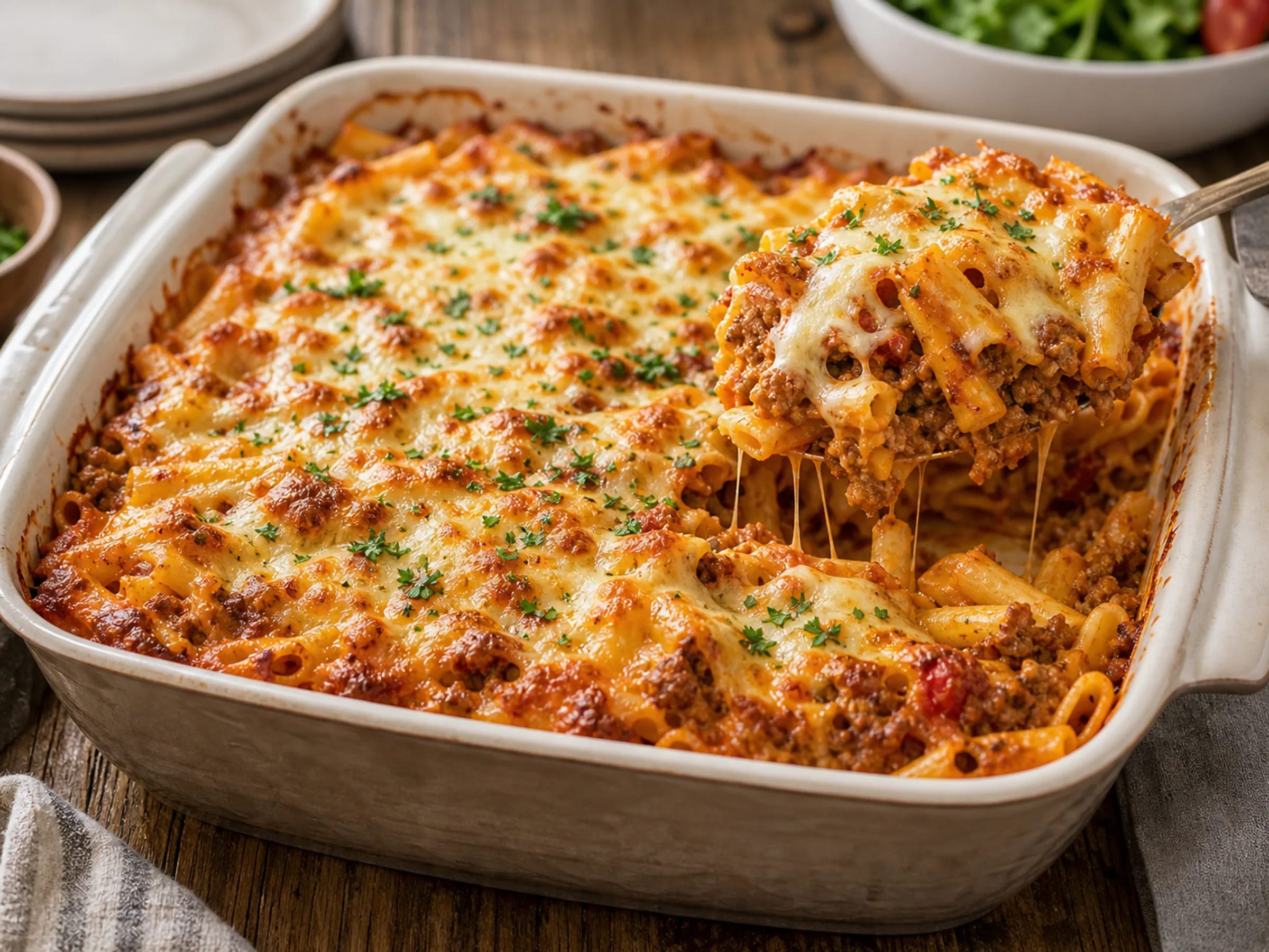 Nudelauflauf mit Hackfleisch, Penne, Tomatensauce und goldbrauner Käsekruste in der Form