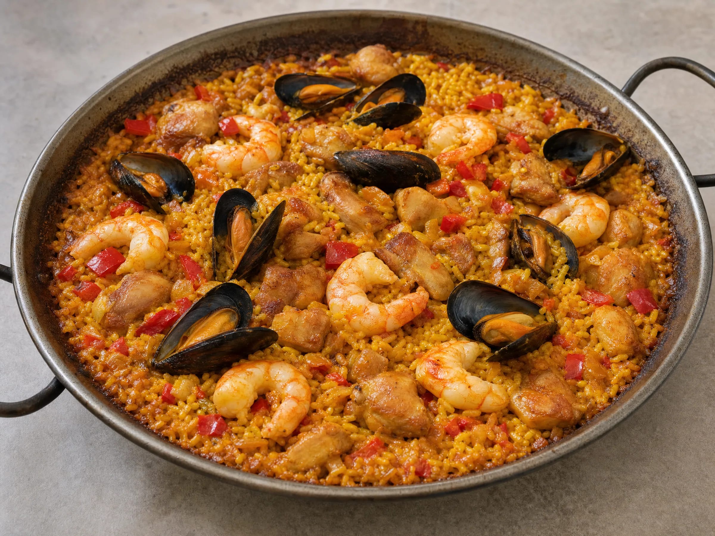 Paella mixta mit Hähnchen, Garnelen und Muscheln fertig angerichtet