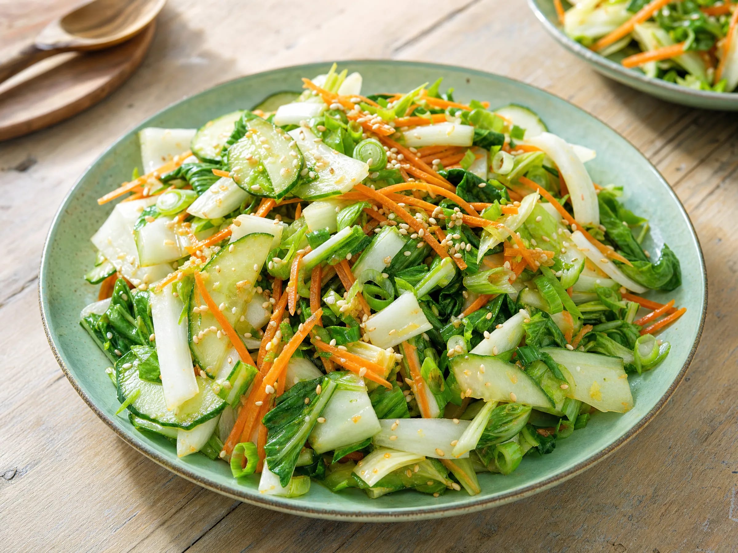 Pak-Choi-Salat mit Karotte, Gurke und Sesam-Dressing fertig angerichtet