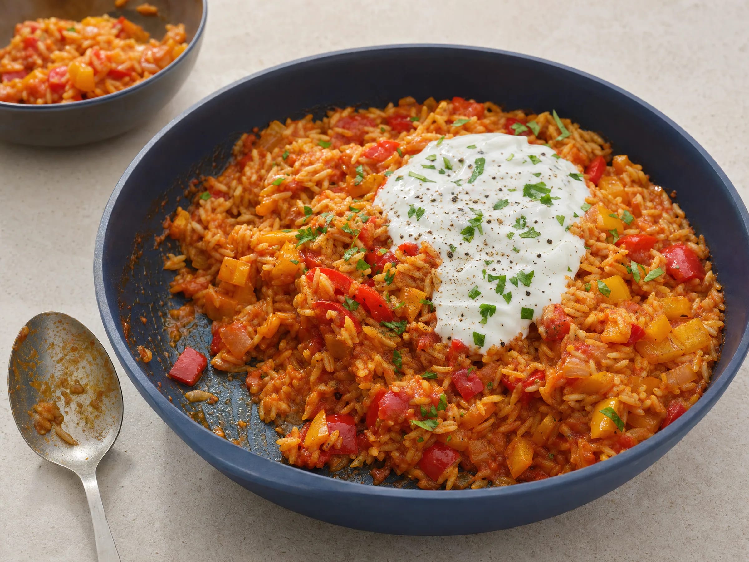 Paprika-Reispfanne mit Joghurtsoße aus einer Pfanne fertig angerichtet
