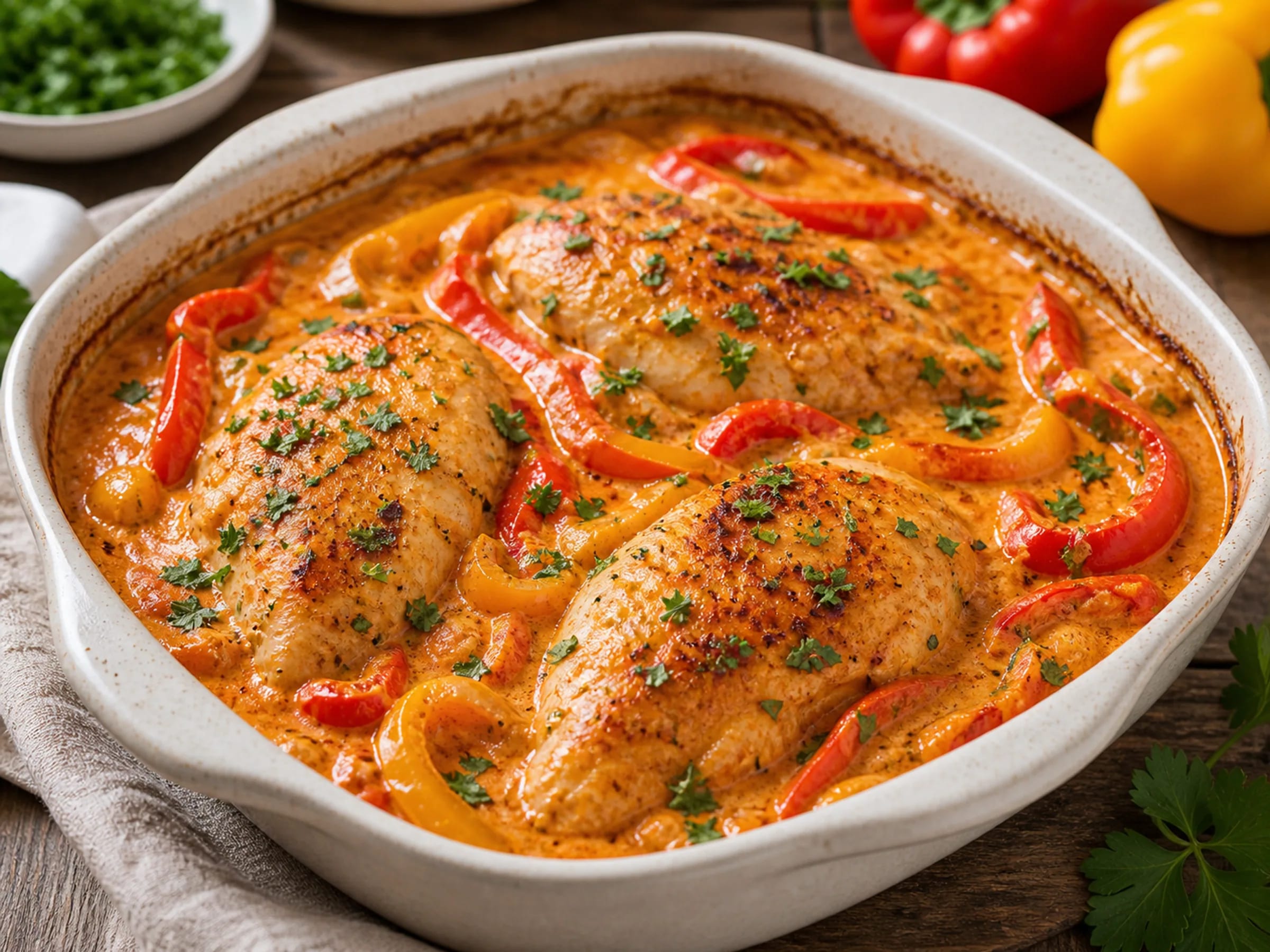 Paprika-Sahne-Hähnchen mit cremiger Paprikasauce und Petersilie in einer Pfanne