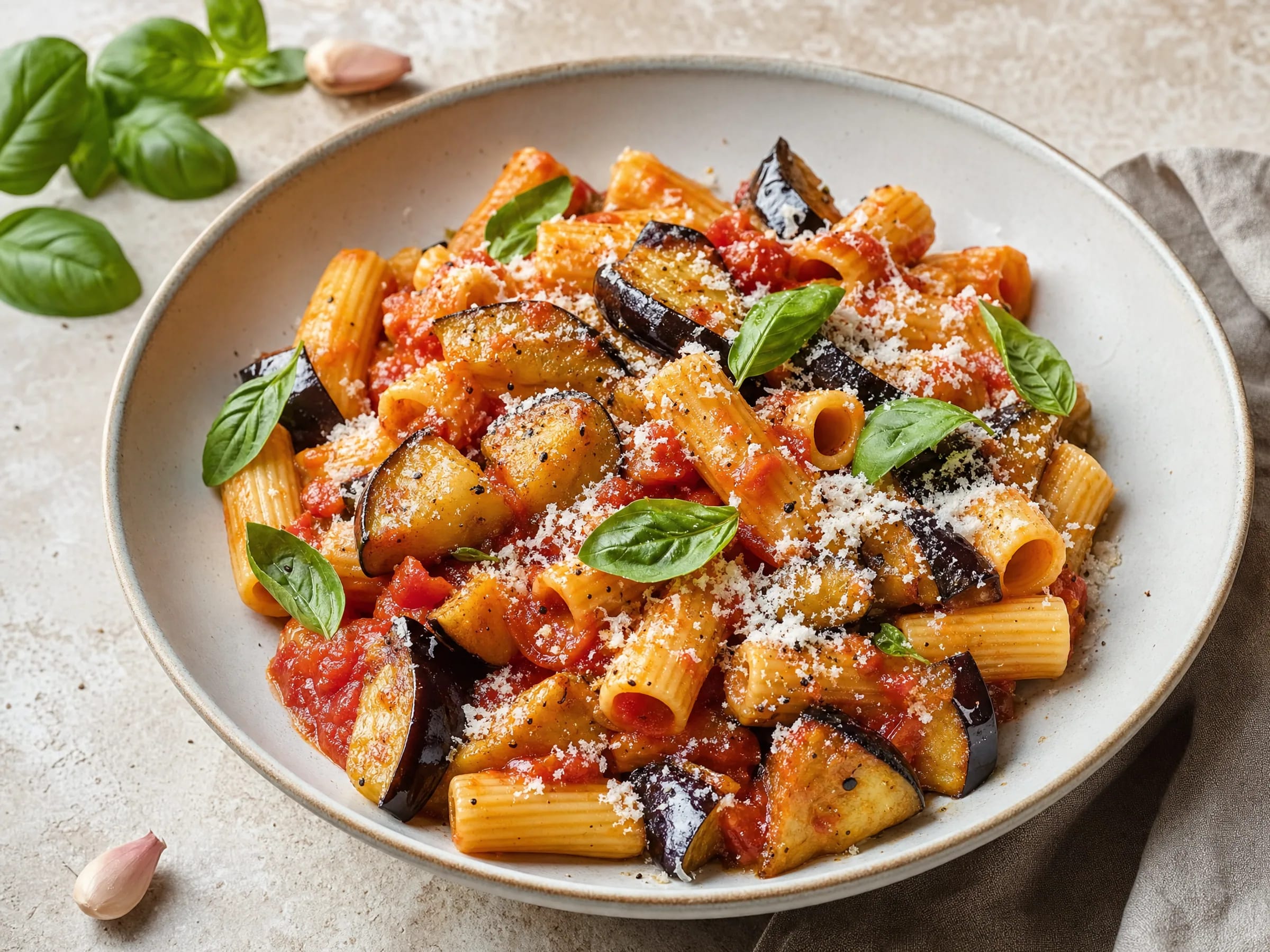 Pasta alla Norma mit goldbrauner Aubergine und Ricotta salata fertig angerichtet