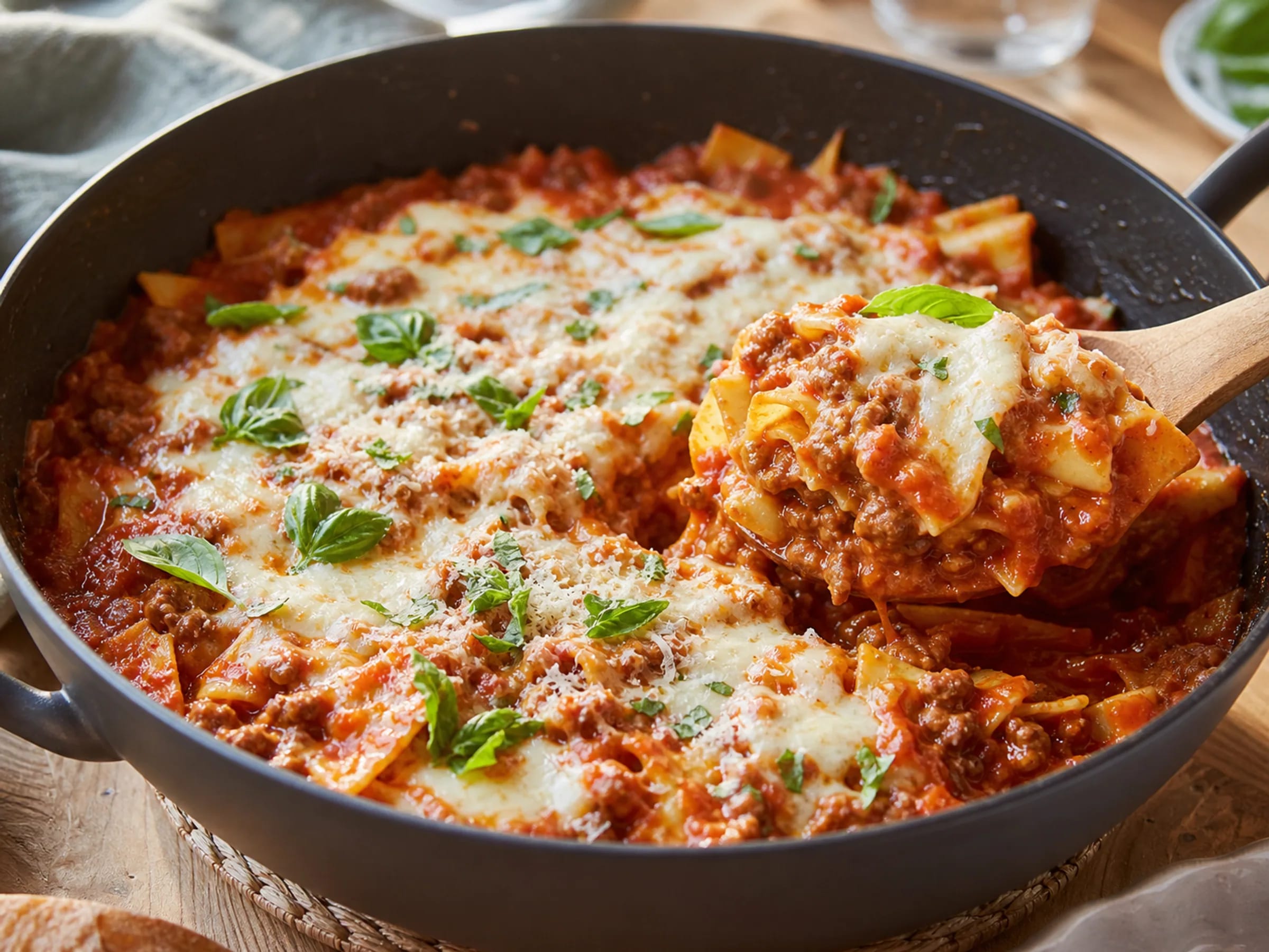 Pfannenlasagne mit Hackfleisch-Ragù, Lasagneblättern, Mozzarella und geschmolzenem Käse