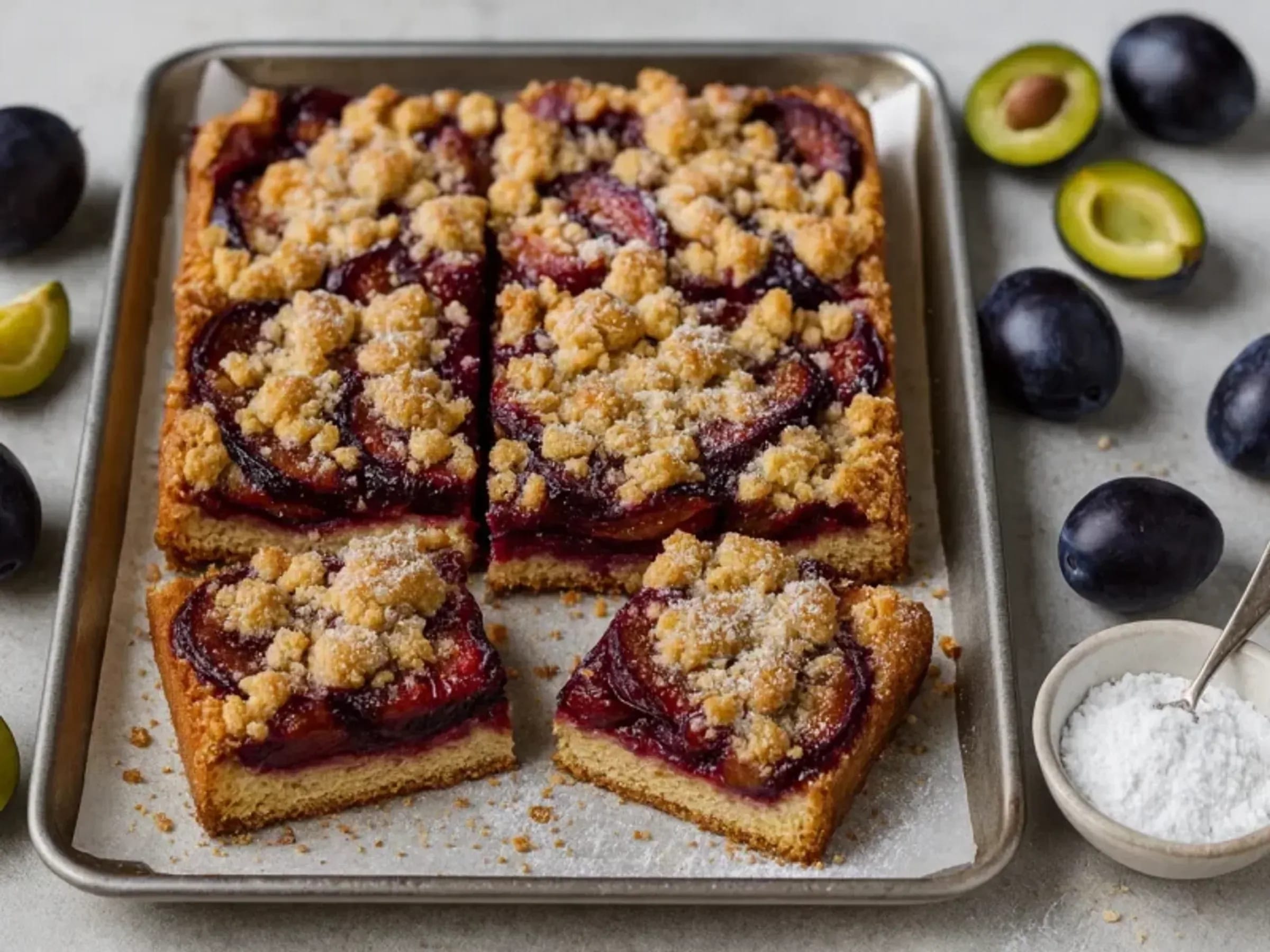 In Stücke geschnittener Pflaumenkuchen vom Blech mit goldenen Streuseln und Puderzucker