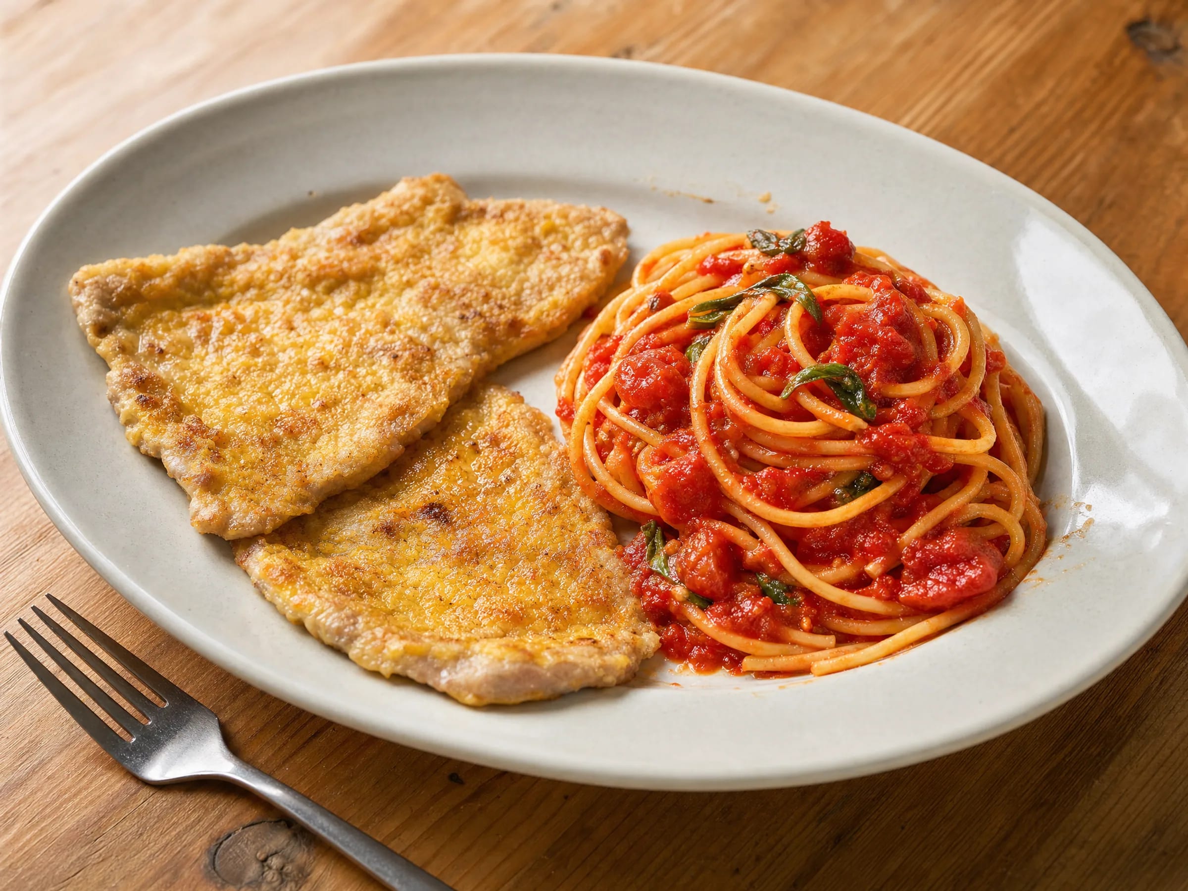Piccata Milanese mit Tomatenspaghetti fertig angerichtet