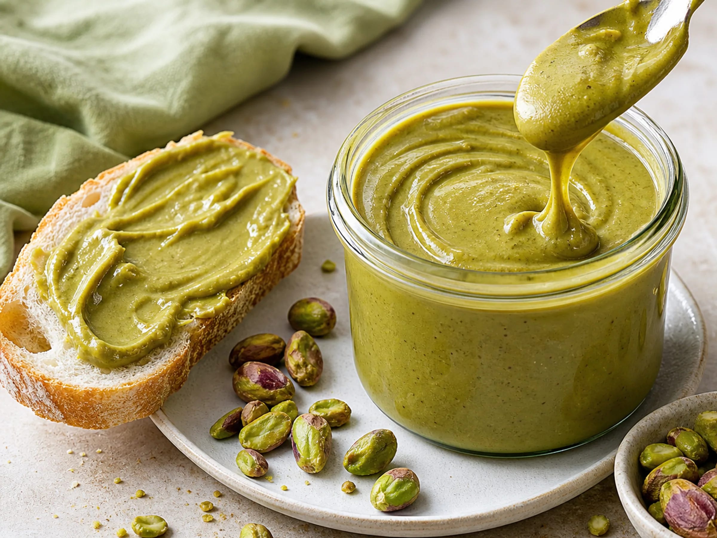 Cremige Pistaziencreme im Glas mit Löffel, Brot und Pistazien