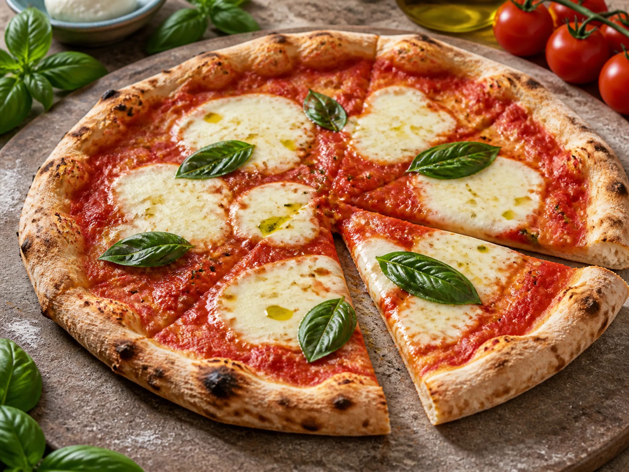Pizza Margherita mit Tomatensauce, geschmolzenem Mozzarella und frischem Basilikum