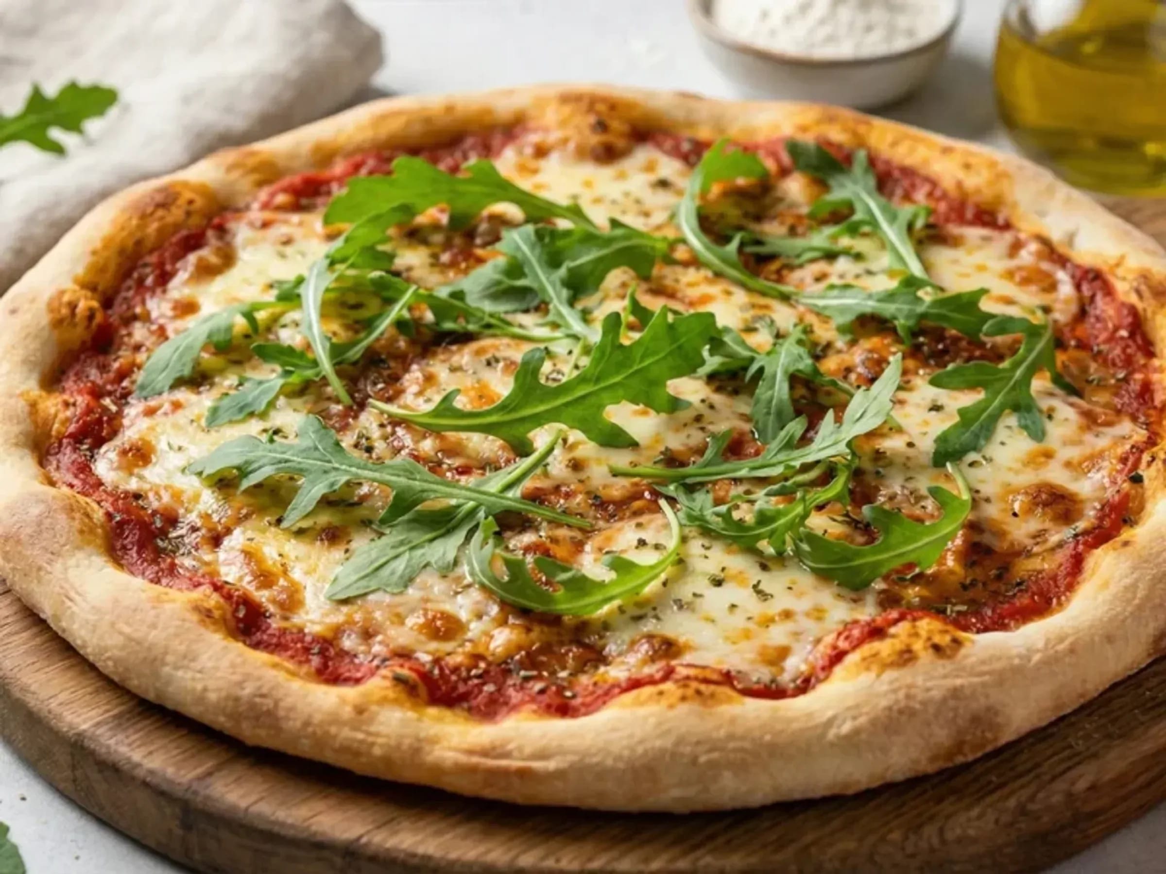 Gebackene Pizza mit Tomatensauce, geschmolzenem Käse, Parmesan und frischem Rucola
