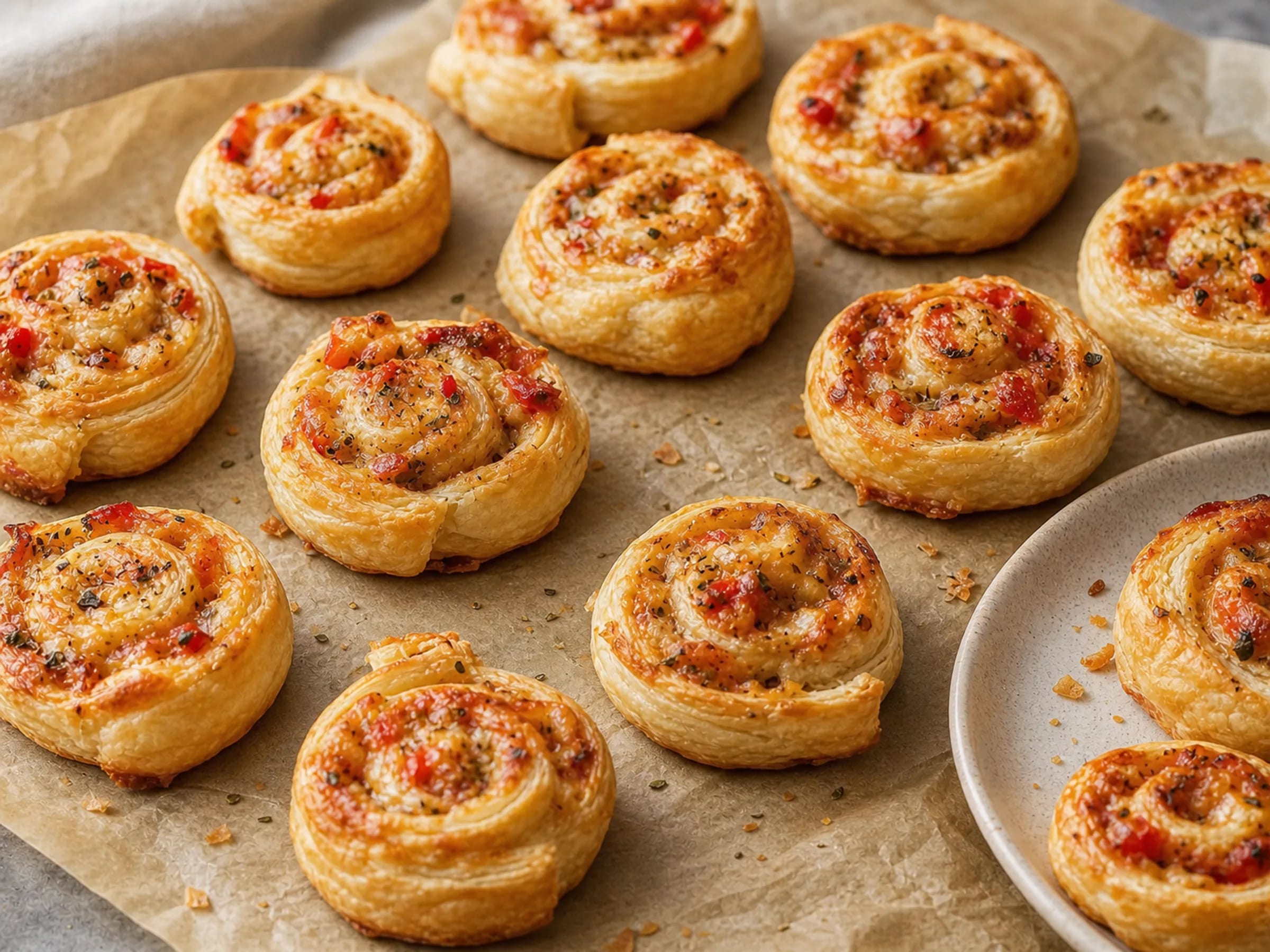 Goldbraune Pizzaschnecken aus Blätterteig mit Tomaten-Creme, Käse und Paprika