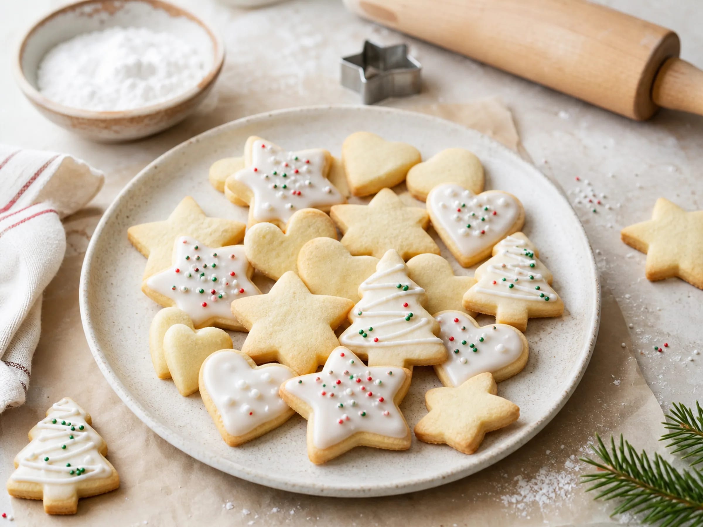 Helle Butterplätzchen in ausgestochenen Formen mit Zuckerguss und Streuseln