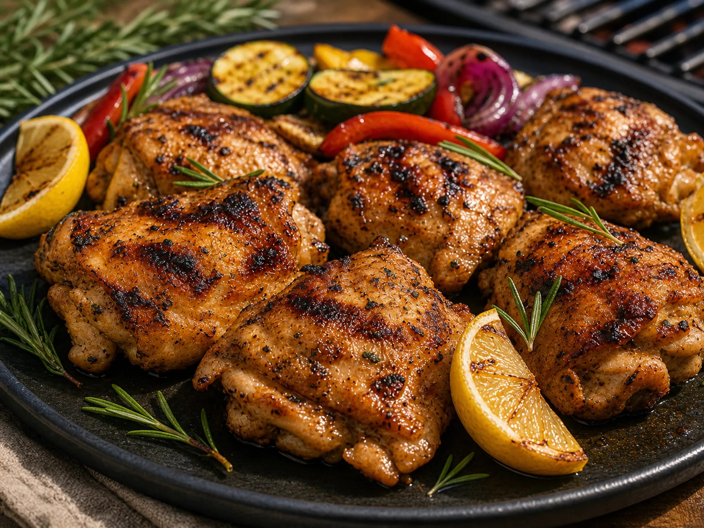 Gegrilltes Pollo Fino mit gebräunter Haut, Kräutern und Zitronenspalten