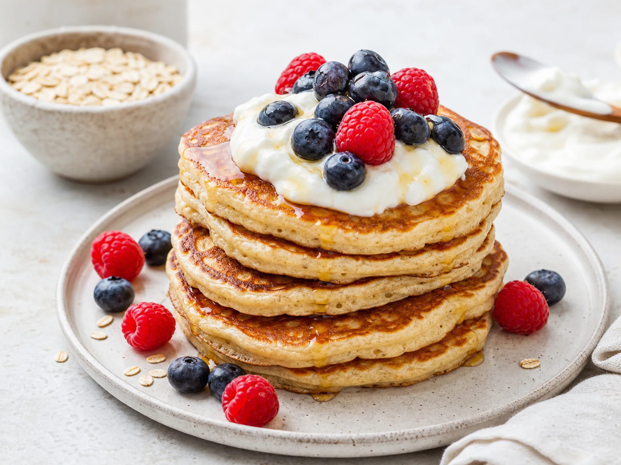 Fluffige Protein-Pancakes mit Skyr, Beeren und Ahornsirup auf einem hellen Teller