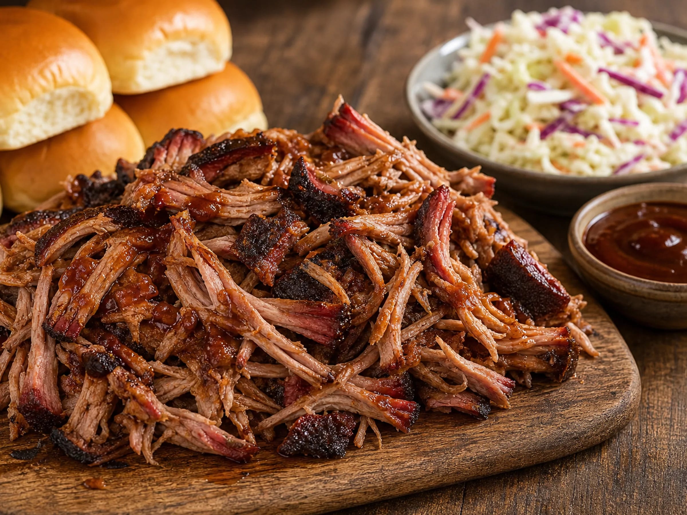 Gezupftes Pulled Pork Texas Style mit dunkler Bark und saftigen Fleischfasern