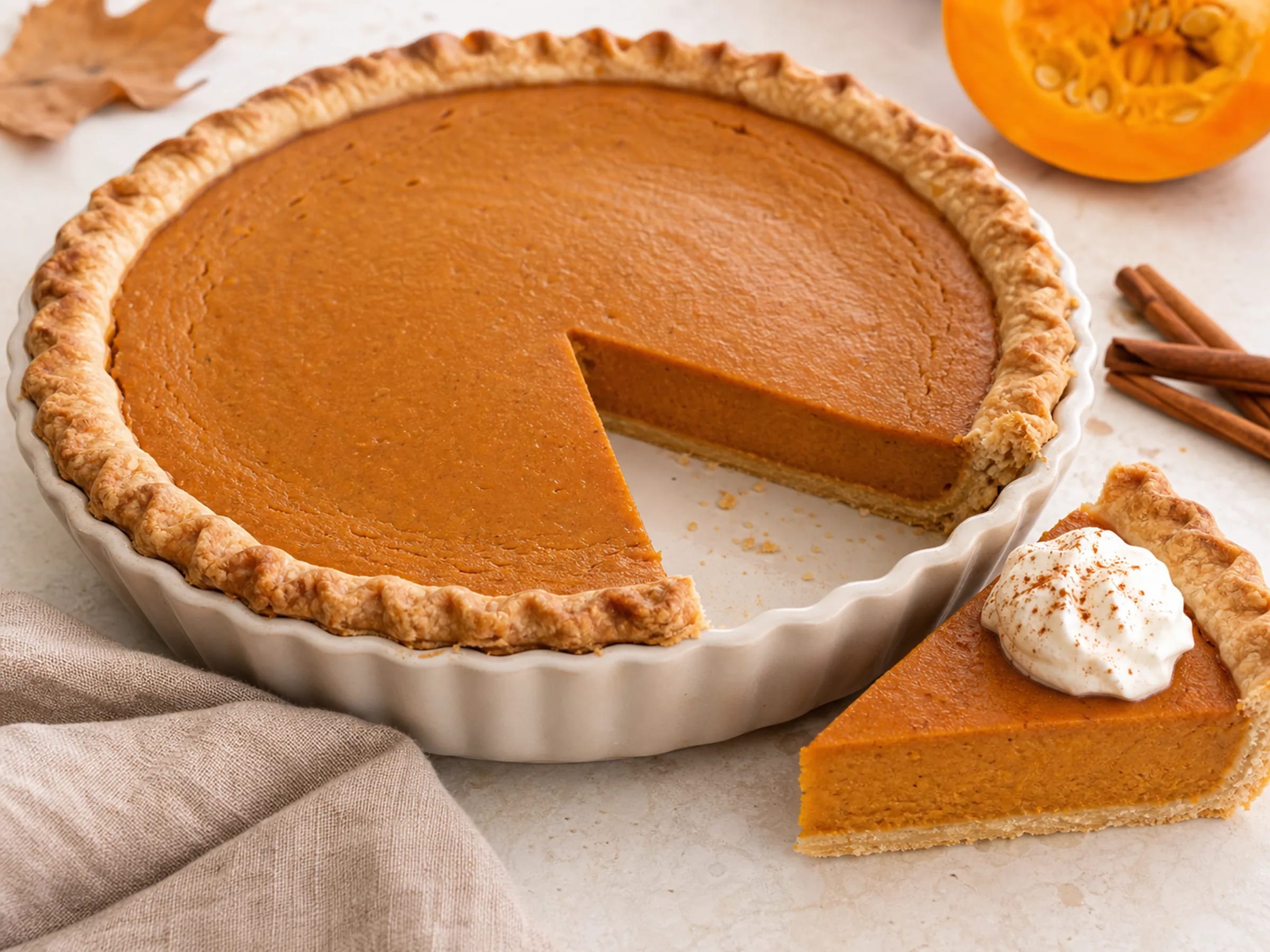 Amerikanischer Pumpkin Pie mit goldener Kruste und cremiger Kürbisfüllung, ein Stück angeschnitten