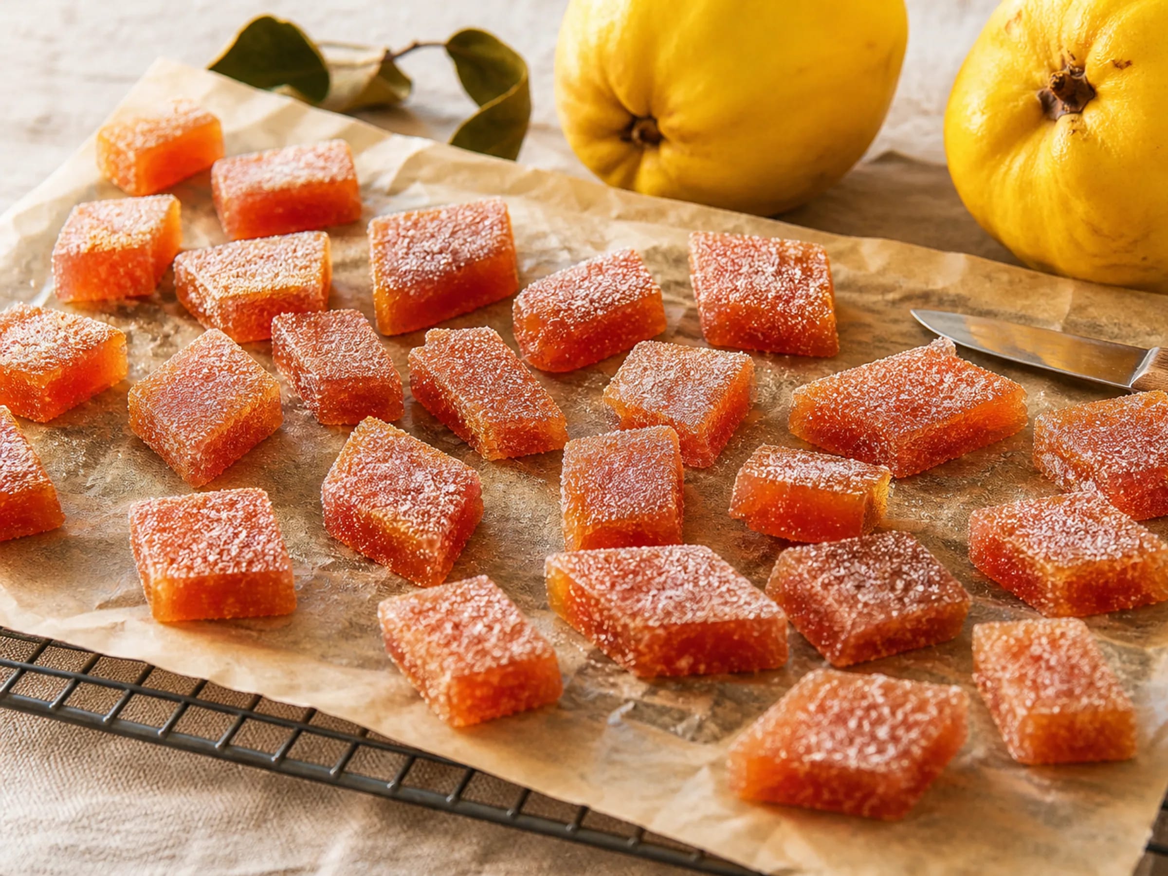 Gezuckerte Quittenbrot-Stücke auf Backpapier, goldorange und schnittfest